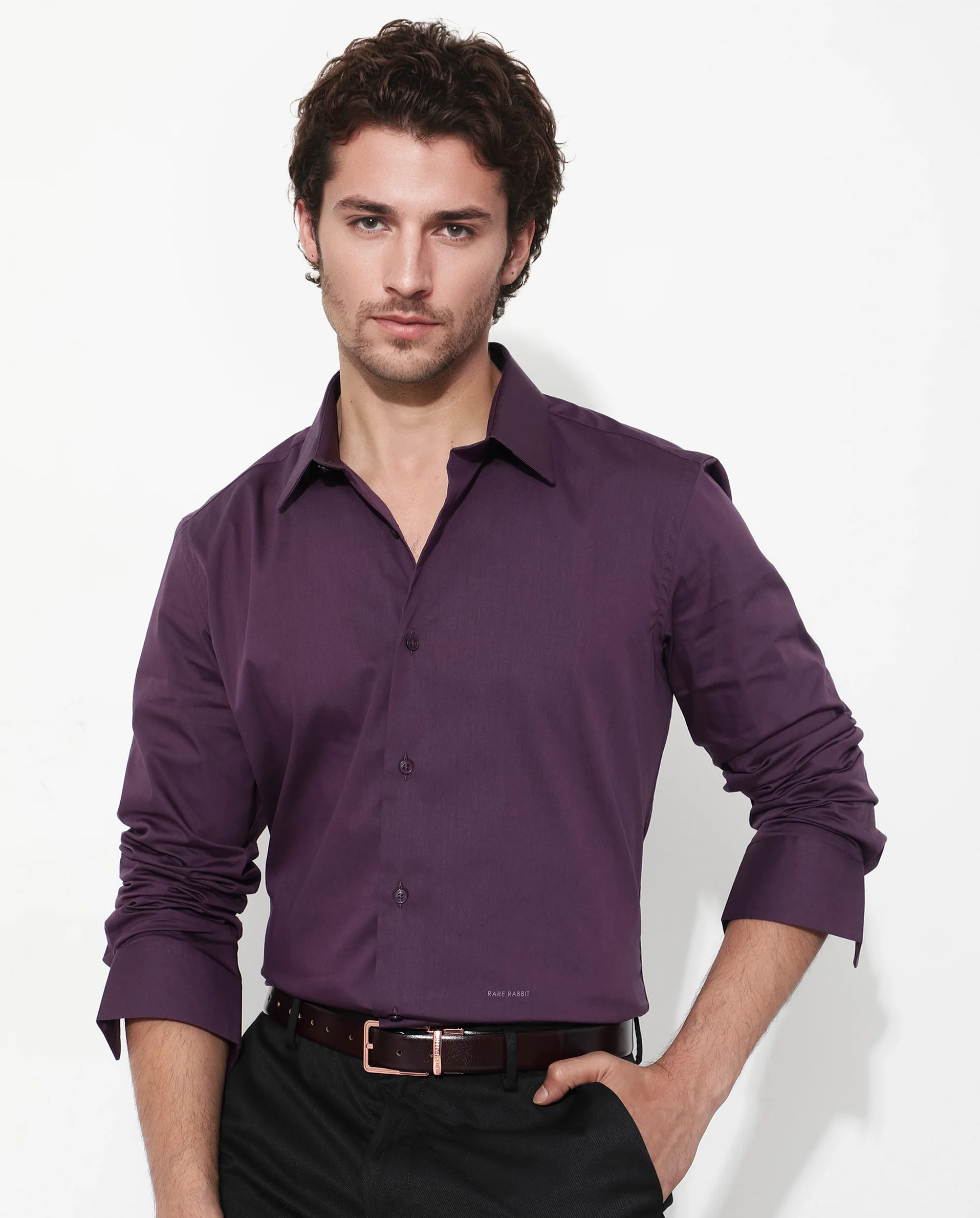 Rare Rabbit Men's Benedict Dark Purple Cotton Plain Regular Fit Full Sleeve Collared Shirt - Image 8