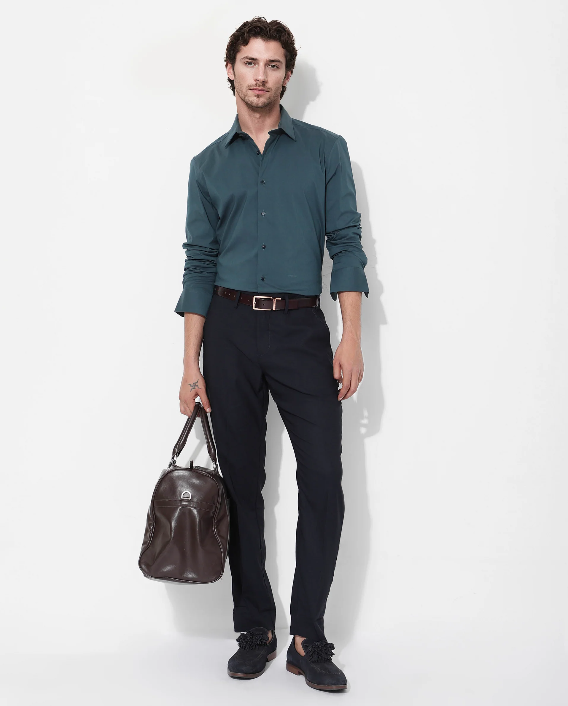 Rare Rabbit Men's Bendict Dark Teal Cotton Plain Regular Fit Full Sleeve Collared Shirt - Image 2