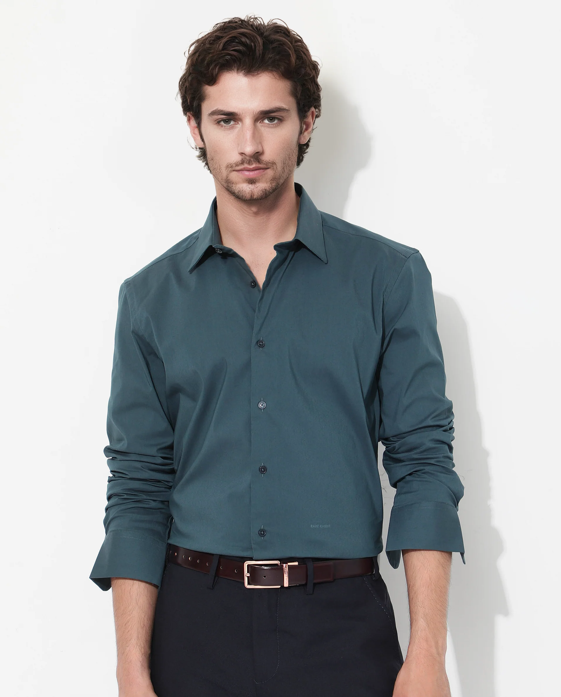 Rare Rabbit Men's Bendict Dark Teal Cotton Plain Regular Fit Full Sleeve Collared Shirt - Image 3