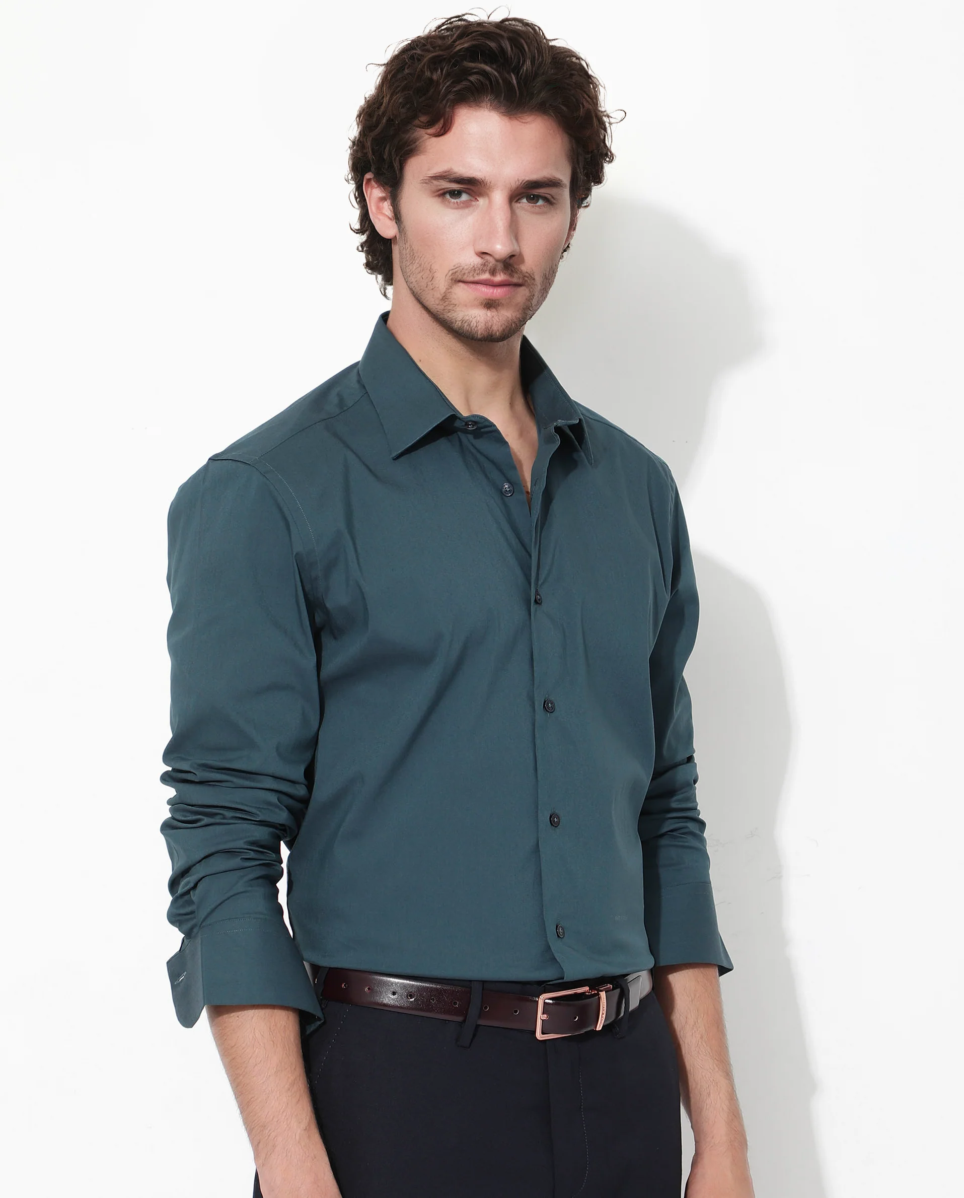 Rare Rabbit Men's Bendict Dark Teal Cotton Plain Regular Fit Full Sleeve Collared Shirt - Image 5