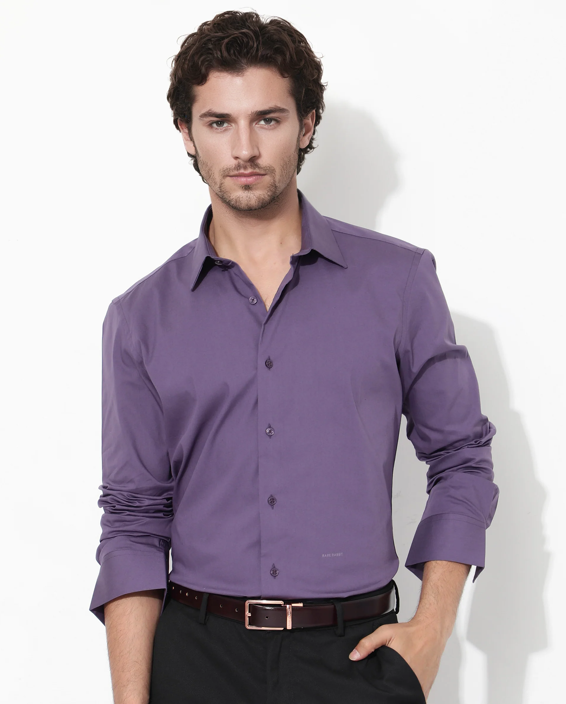 Rare Rabbit Men's Bendict Dusky Purple Cotton Plain Regular Fit Full Sleeve Collared Shirt