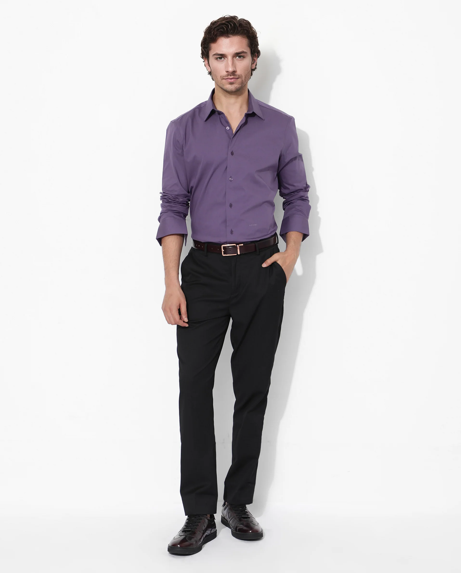 Rare Rabbit Men's Bendict Dusky Purple Cotton Plain Regular Fit Full Sleeve Collared Shirt - Image 2