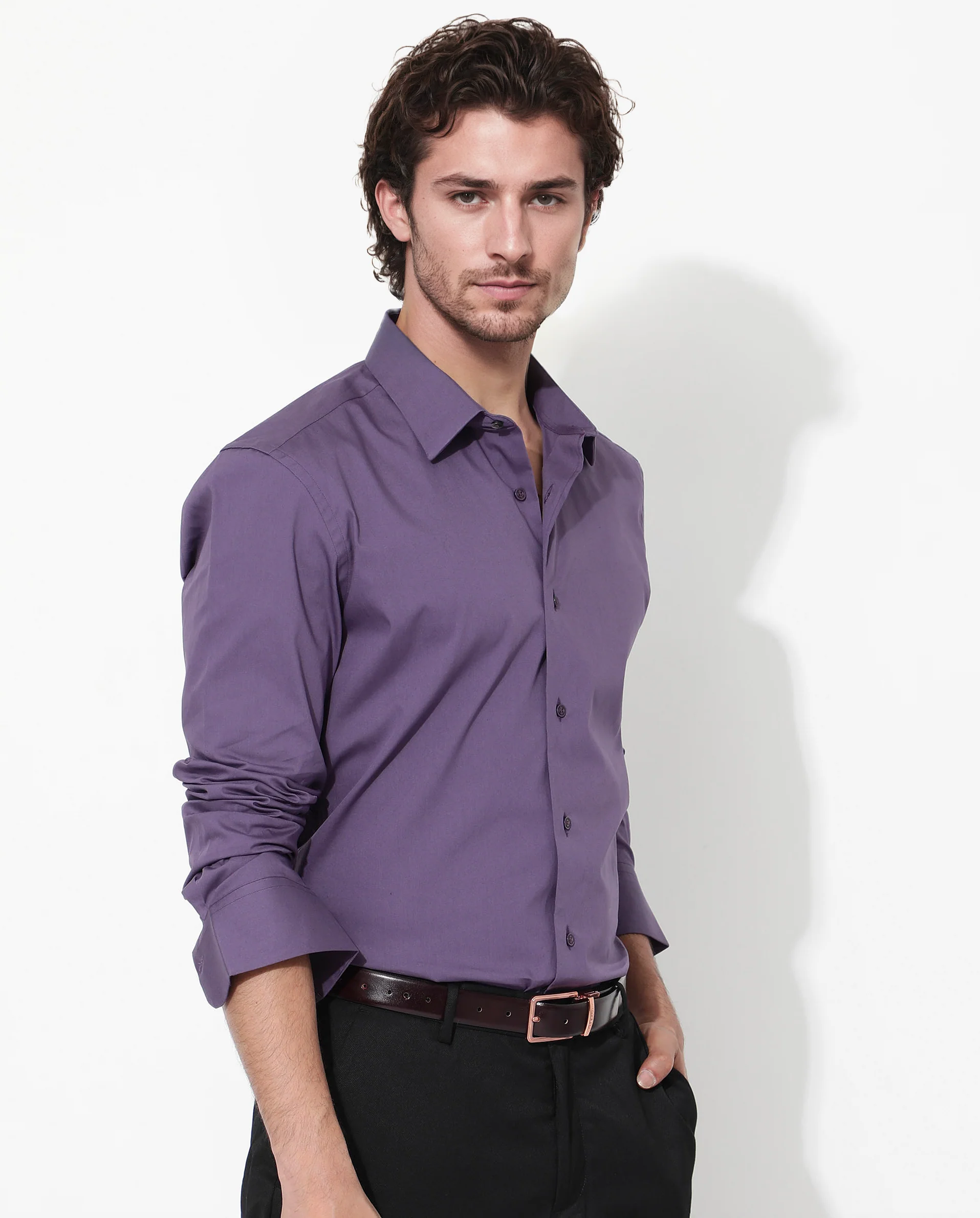 Rare Rabbit Men's Bendict Dusky Purple Cotton Plain Regular Fit Full Sleeve Collared Shirt - Image 6