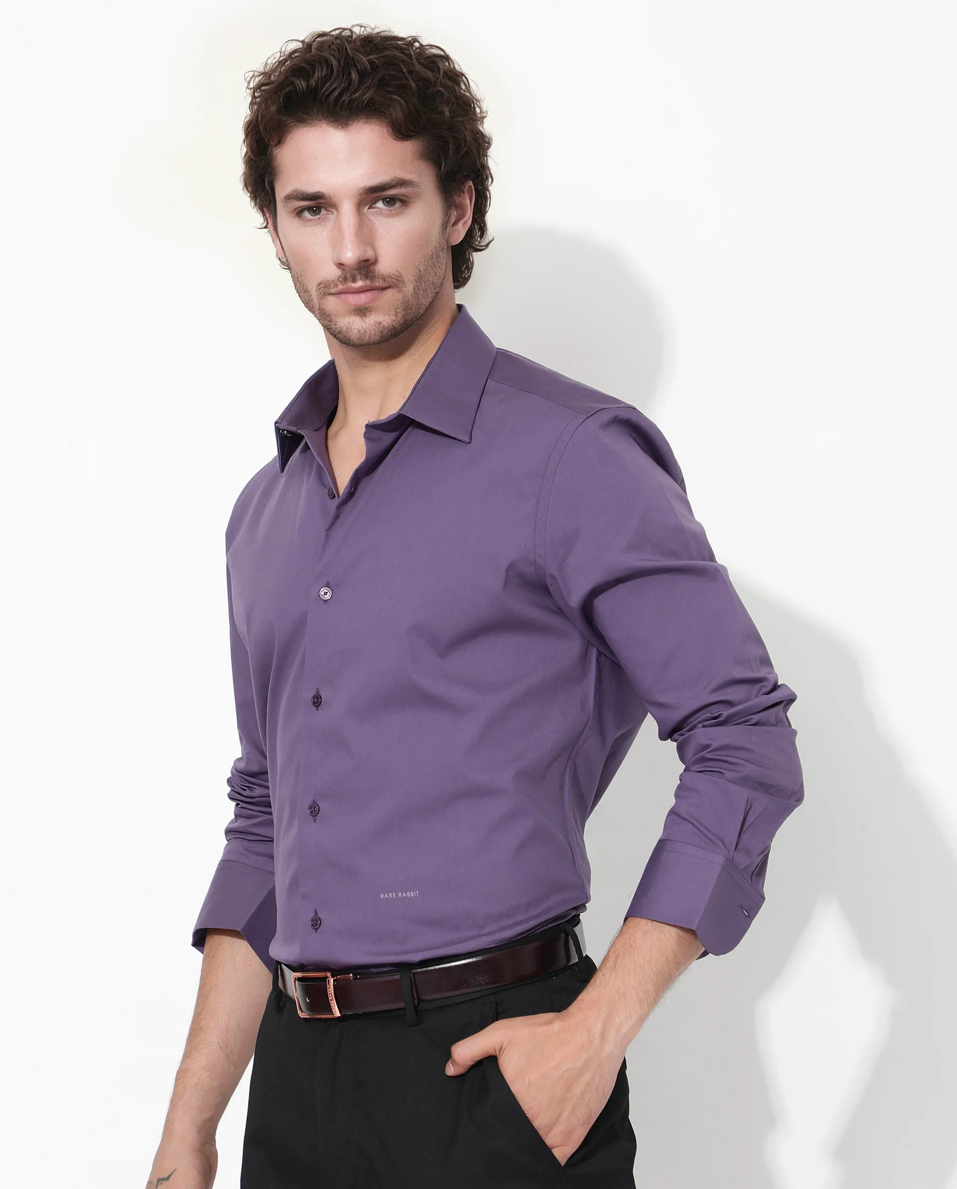 Rare Rabbit Men's Bendict Dusky Purple Cotton Plain Regular Fit Full Sleeve Collared Shirt - Image 7
