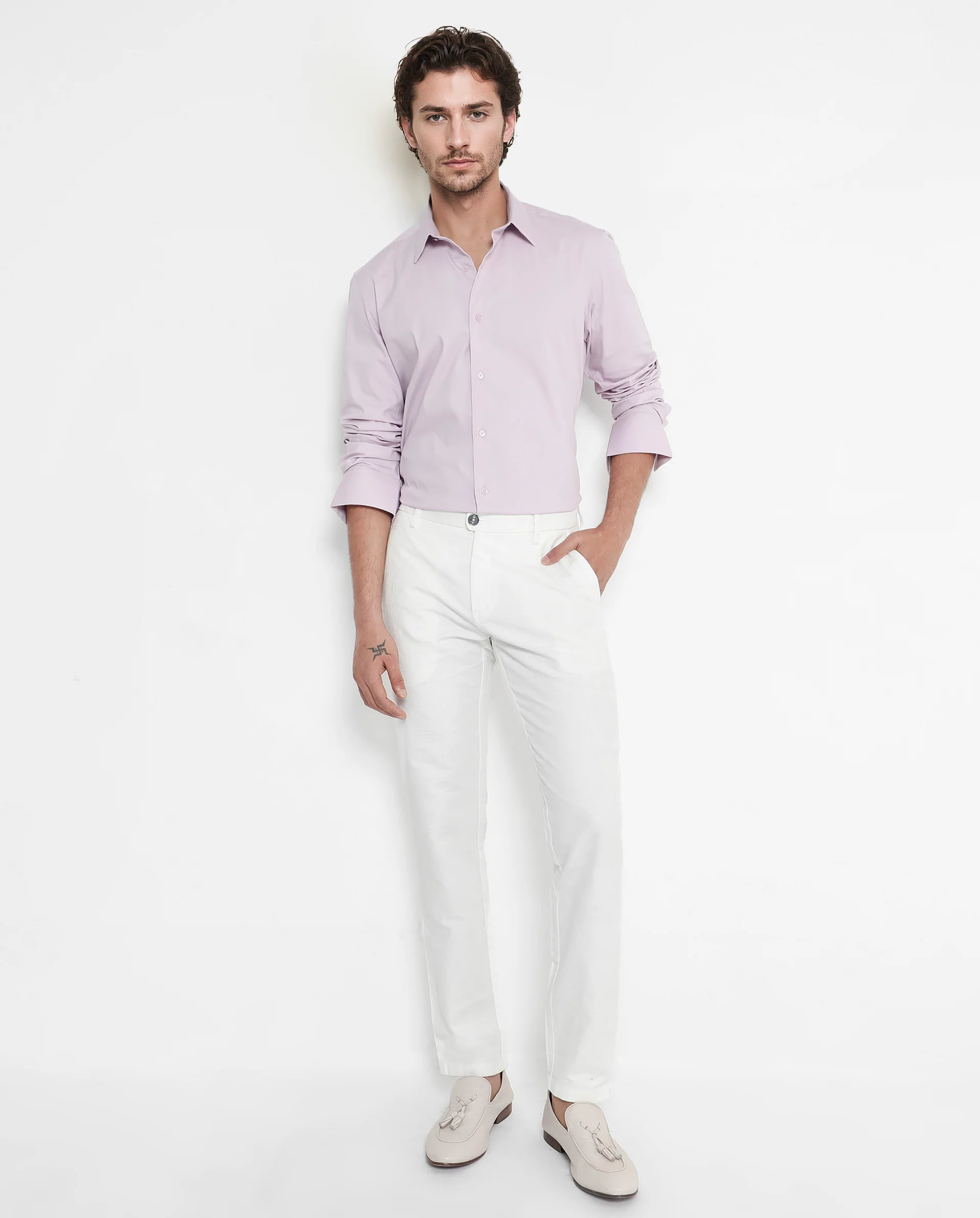 Rare Rabbit Men's Bendict Pastel Pink Cotton Plain Regular Fit Full Sleeve Collared Shirt - Image 2