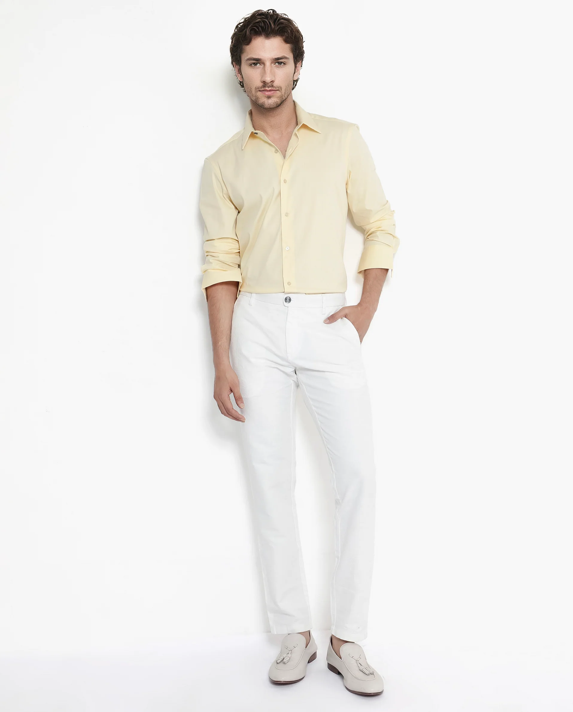 Rare Rabbit Men's Bendict Pastel Yellow Cotton Plain Regular Fit Full Sleeve Collared Shirt - Image 2