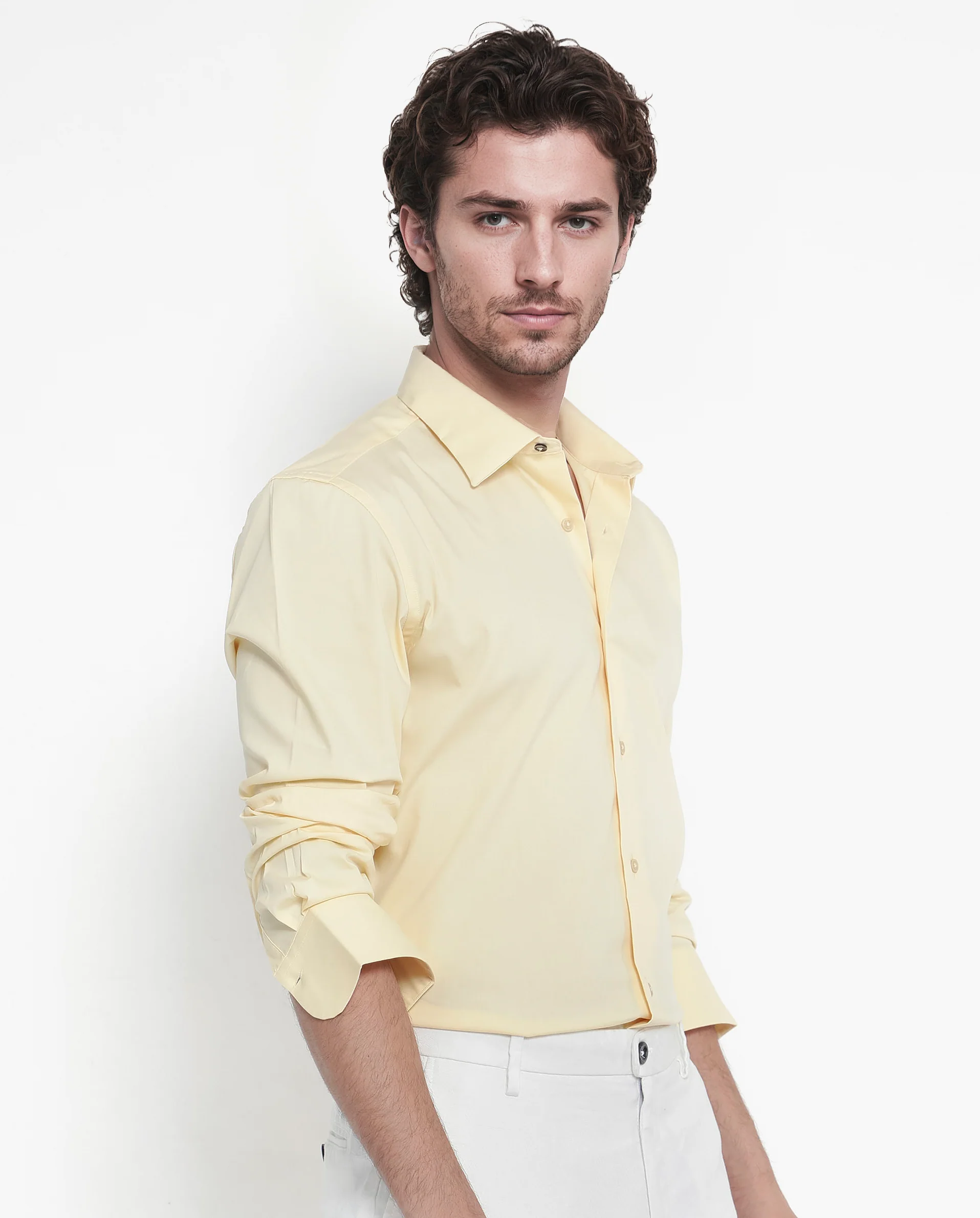 Rare Rabbit Men's Bendict Pastel Yellow Cotton Plain Regular Fit Full Sleeve Collared Shirt - Image 5