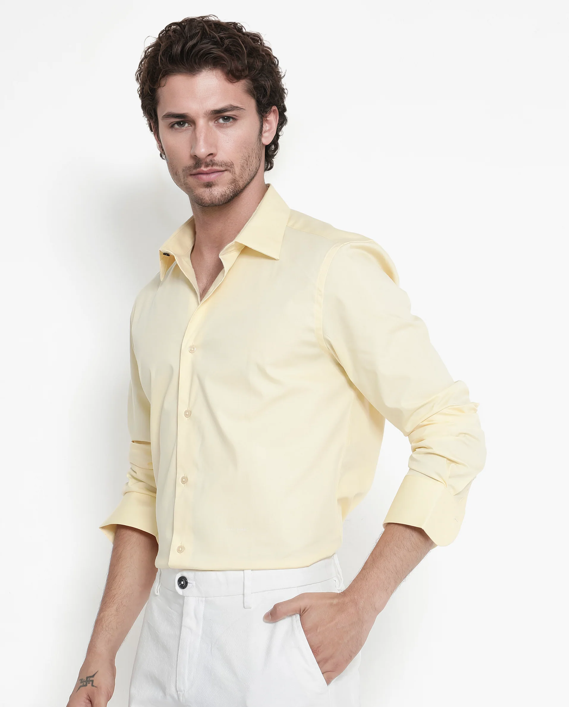 Rare Rabbit Men's Bendict Pastel Yellow Cotton Plain Regular Fit Full Sleeve Collared Shirt - Image 6