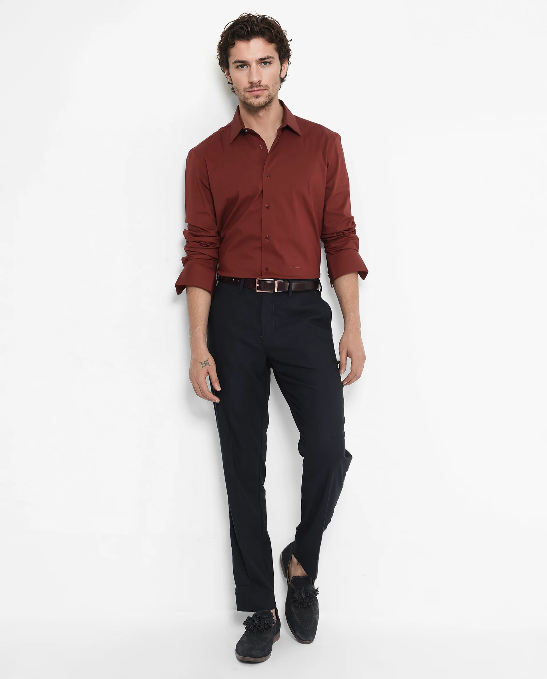 Rare Rabbit Men's Bendict Rust Cotton Plain Regular Fit Full Sleeve Collared Shirt - Image 2