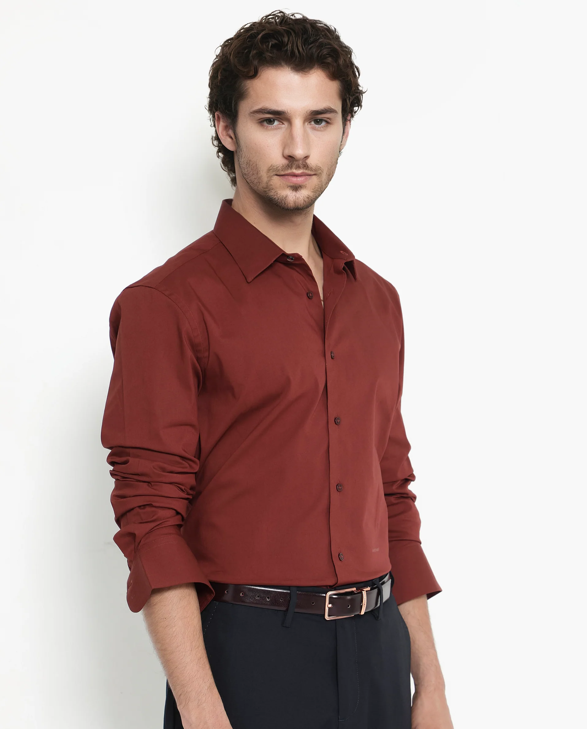 Rare Rabbit Men's Bendict Rust Cotton Plain Regular Fit Full Sleeve Collared Shirt - Image 3