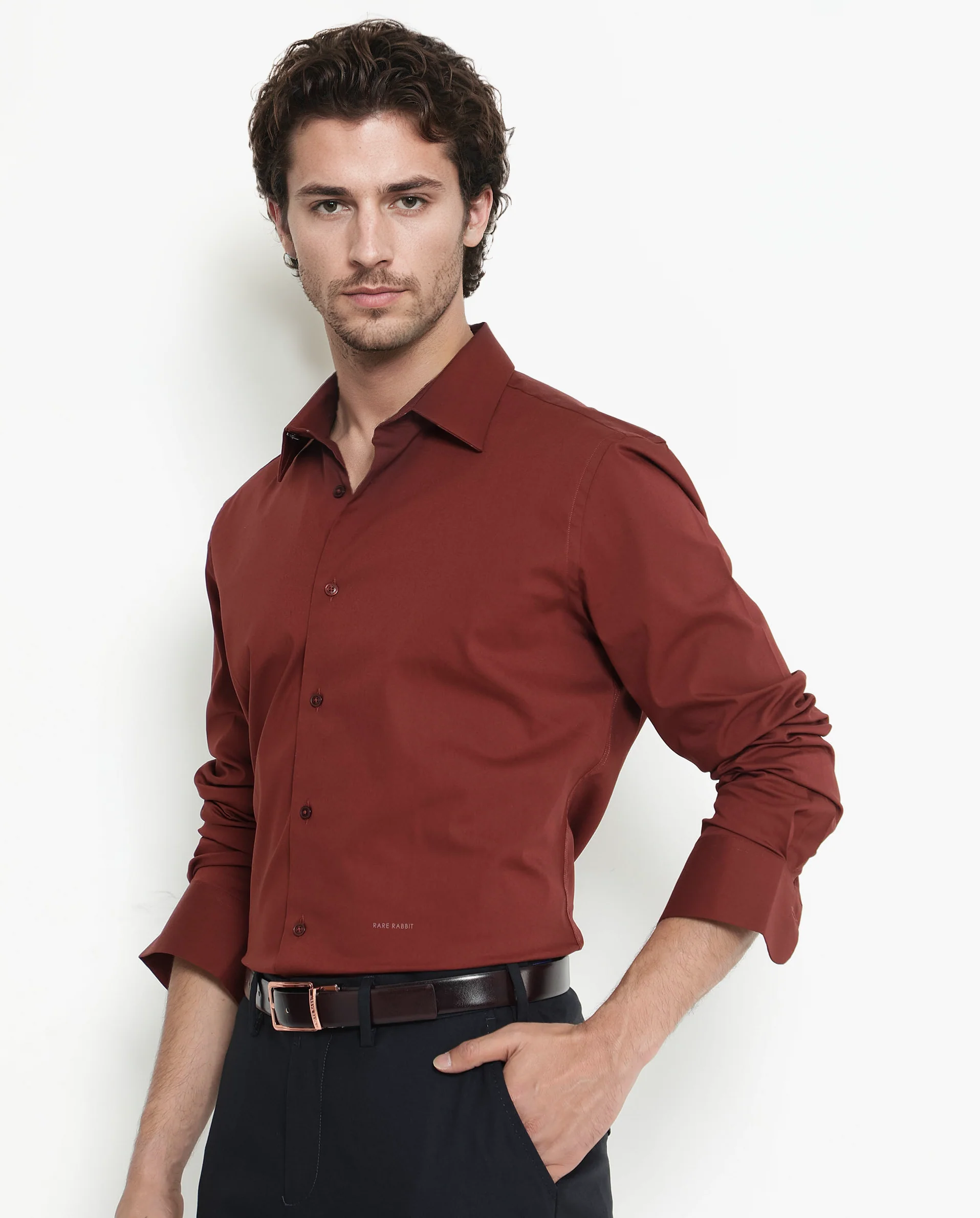 Rare Rabbit Men's Bendict Rust Cotton Plain Regular Fit Full Sleeve Collared Shirt - Image 6