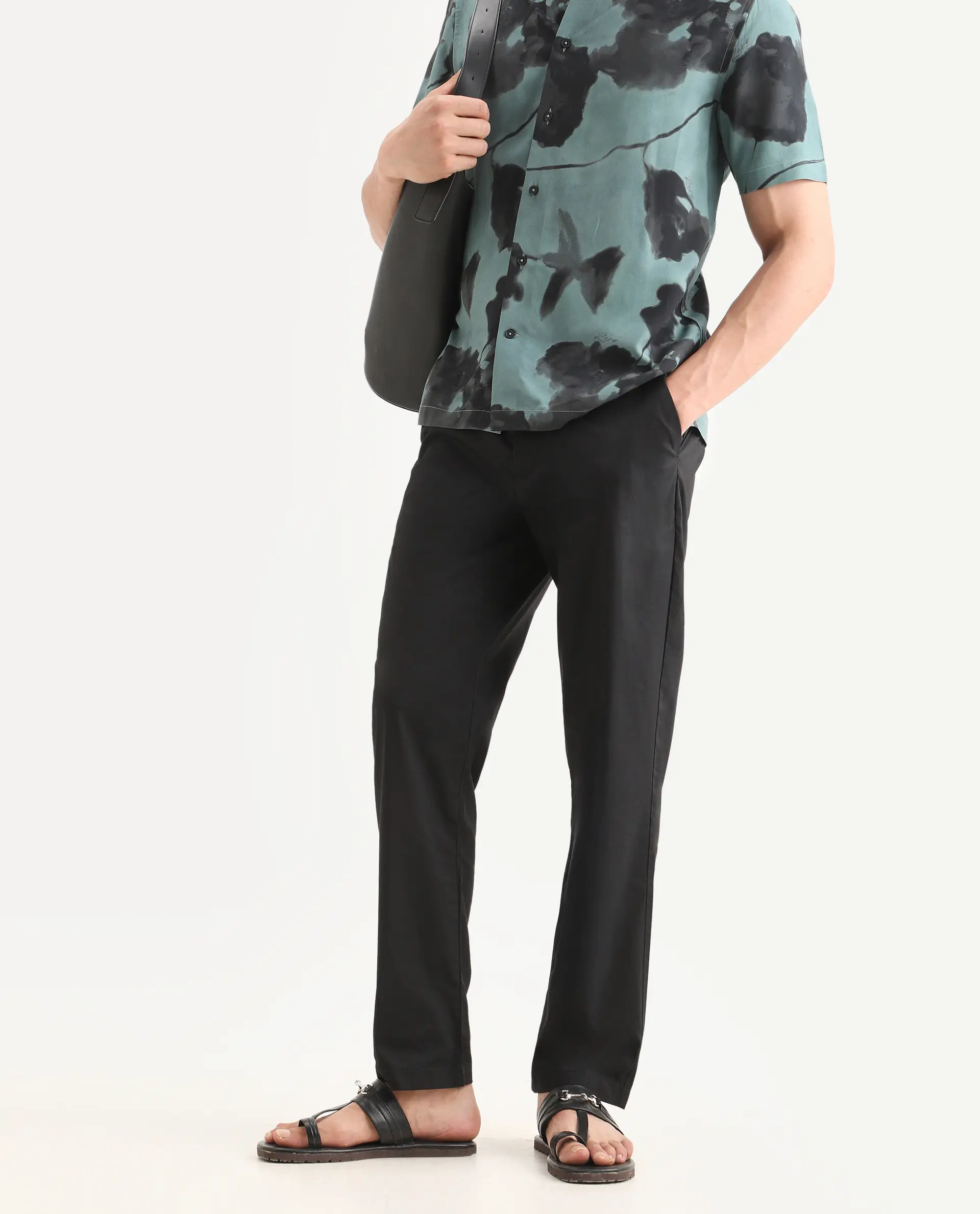 Rare Rabbit Men Bene Black Cotton Blend Fabric Button Closure Straight Fit Plain Trouser - Image 2