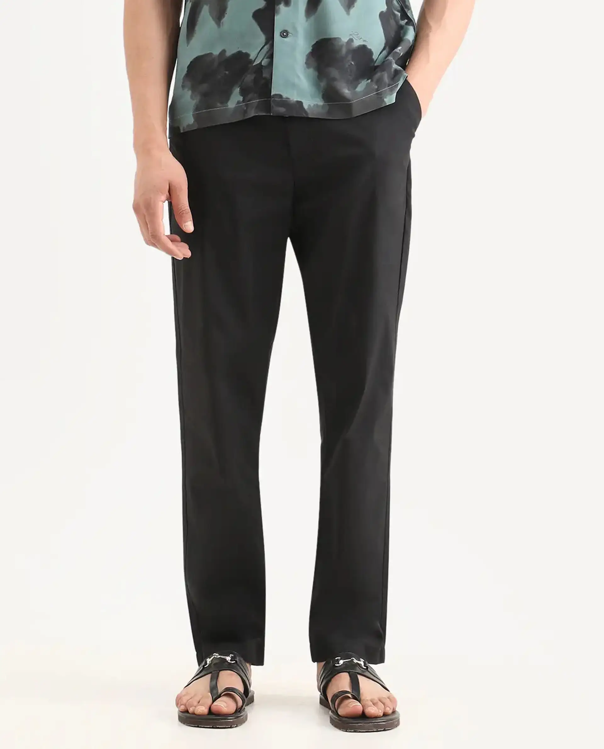 Rare Rabbit Men Bene Black Cotton Blend Fabric Button Closure Straight Fit Plain Trouser - Image 9