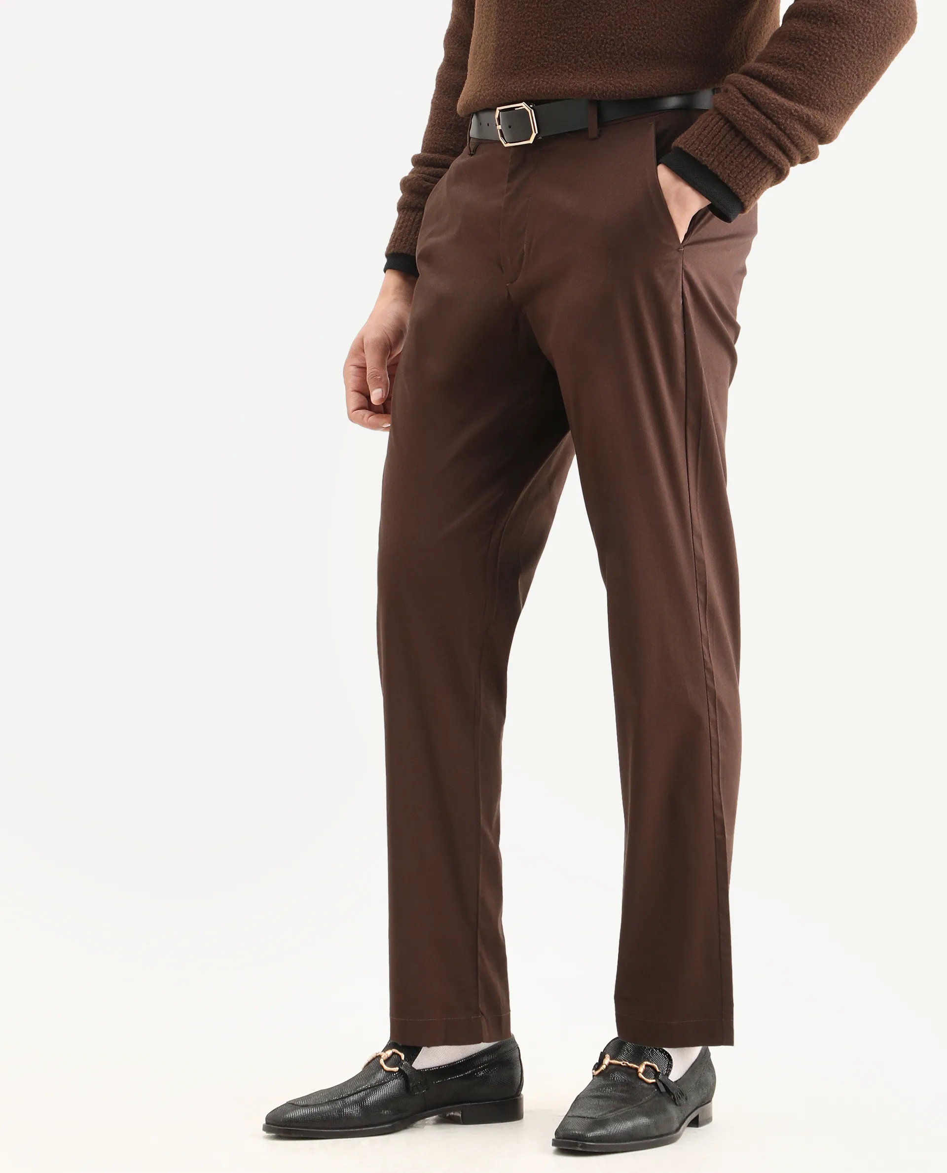 Rare Rabbit Men Bene Dark Brown Cotton Blend Fabric Button Closure Straight Fit Plain Trouser - Image 2