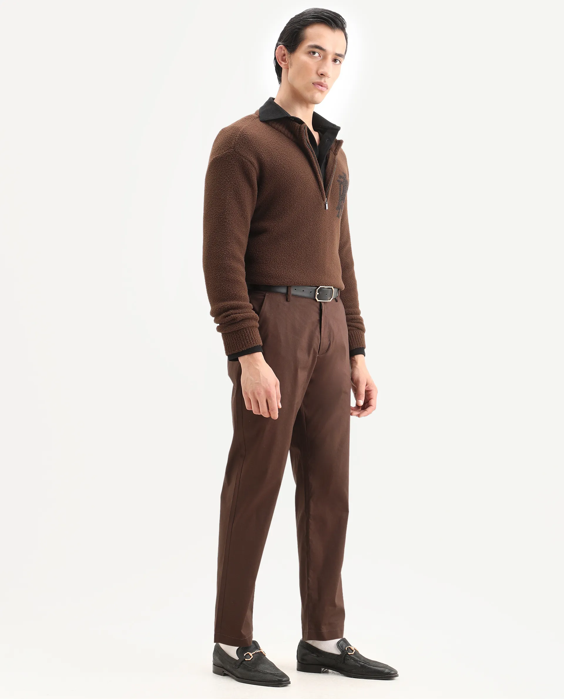 Rare Rabbit Men Bene Dark Brown Cotton Blend Fabric Button Closure Straight Fit Plain Trouser - Image 6