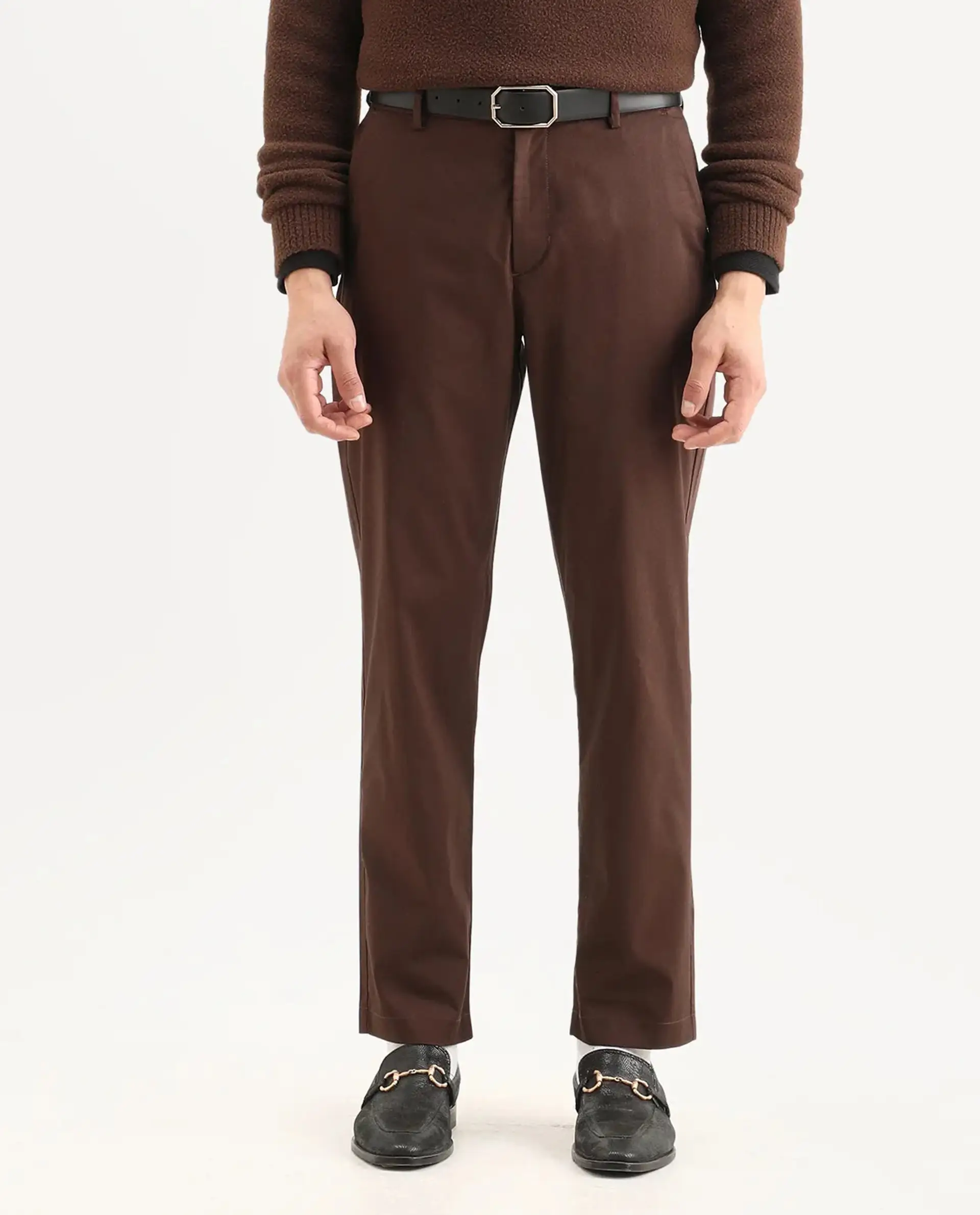 Rare Rabbit Men Bene Dark Brown Cotton Blend Fabric Button Closure Straight Fit Plain Trouser - Image 8