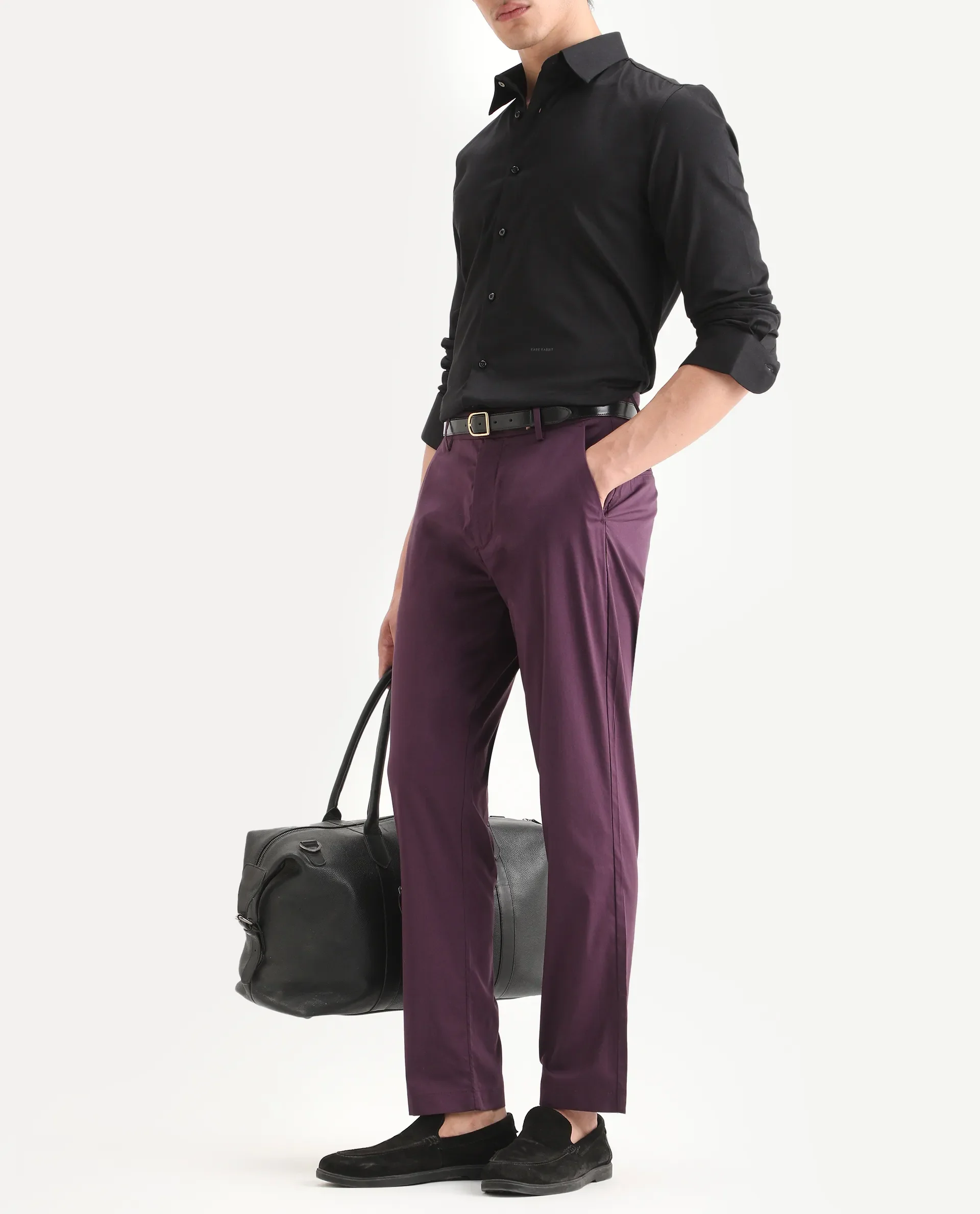 Rare Rabbit Men Bene Dark Purple Cotton Blend Fabric Button Closure Straight Fit Plain Trouser - Image 2