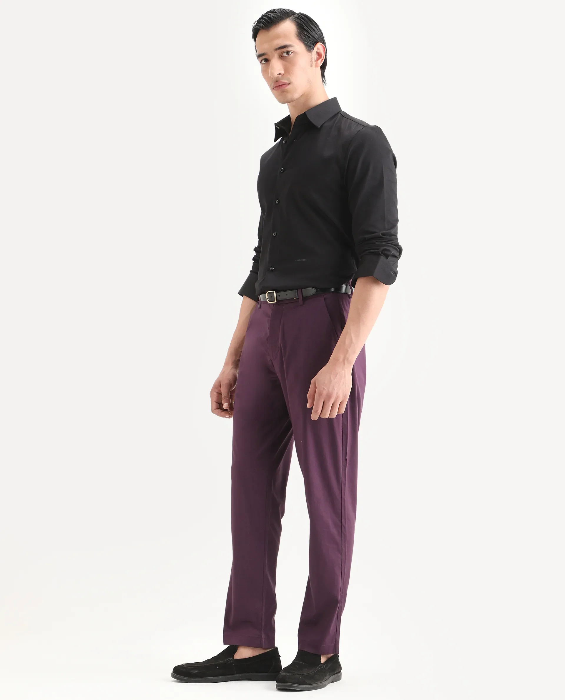 Rare Rabbit Men Bene Dark Purple Cotton Blend Fabric Button Closure Straight Fit Plain Trouser - Image 4