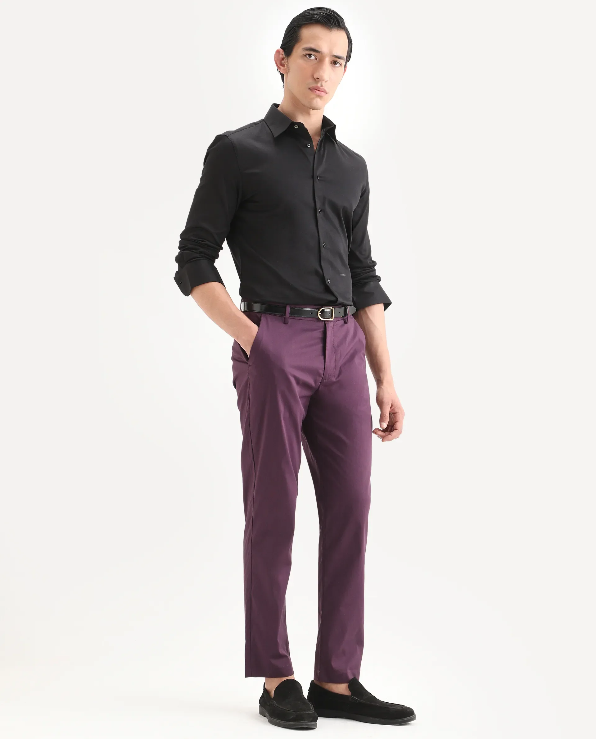 Rare Rabbit Men Bene Dark Purple Cotton Blend Fabric Button Closure Straight Fit Plain Trouser - Image 5