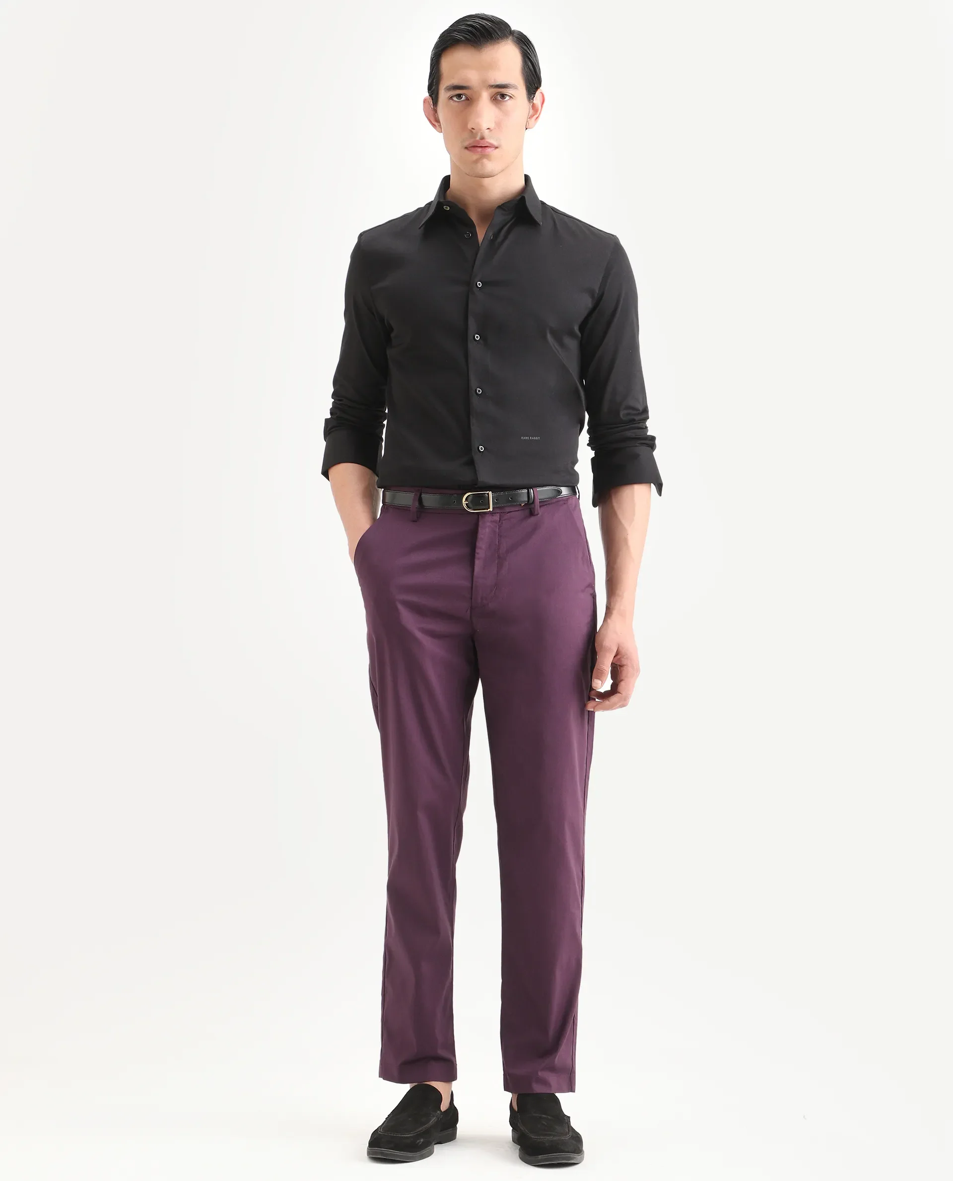Rare Rabbit Men Bene Dark Purple Cotton Blend Fabric Button Closure Straight Fit Plain Trouser - Image 6