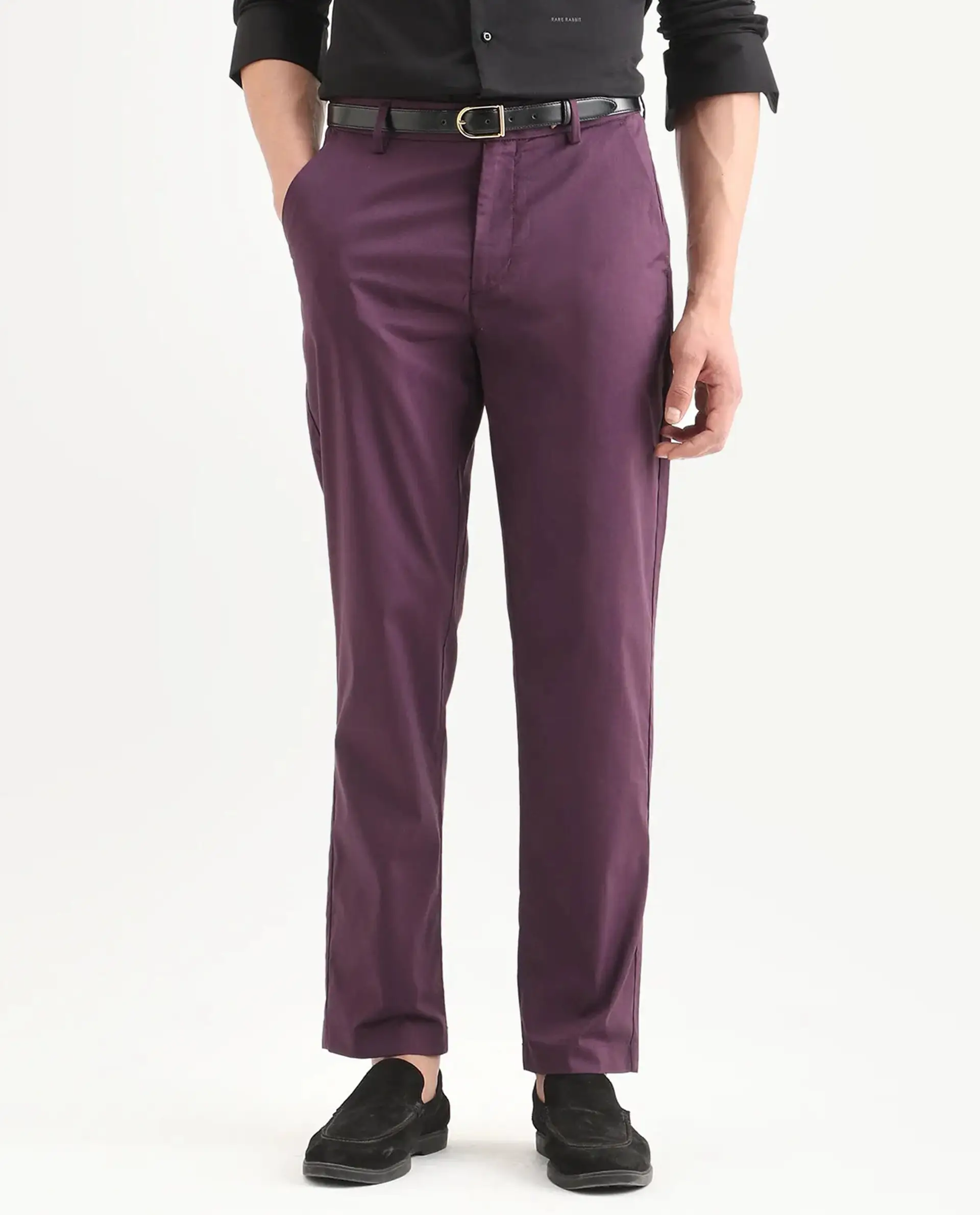Rare Rabbit Men Bene Dark Purple Cotton Blend Fabric Button Closure Straight Fit Plain Trouser - Image 9