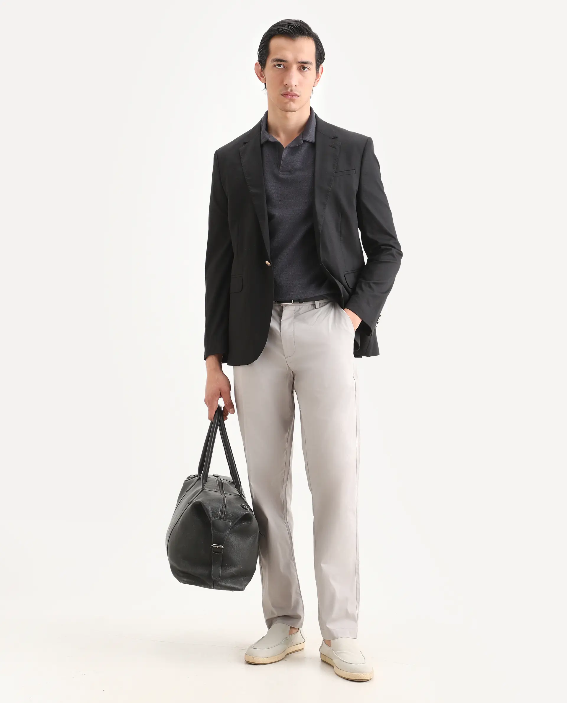 Rare Rabbit Men Bene Light Grey Cotton Blend Fabric Button Closure Straight Fit Plain Trouser