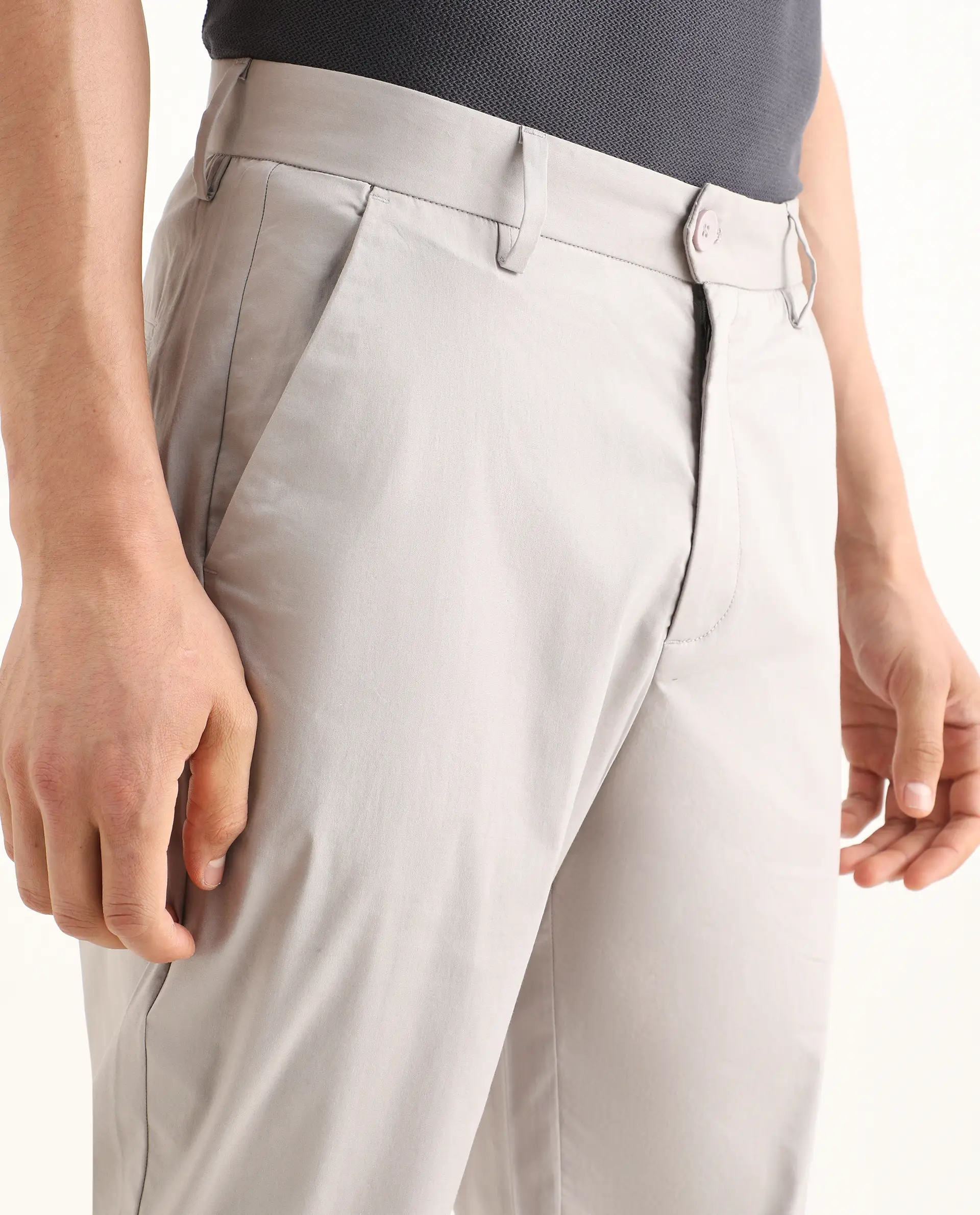 Rare Rabbit Men Bene Light Grey Cotton Blend Fabric Button Closure Straight Fit Plain Trouser - Image 3