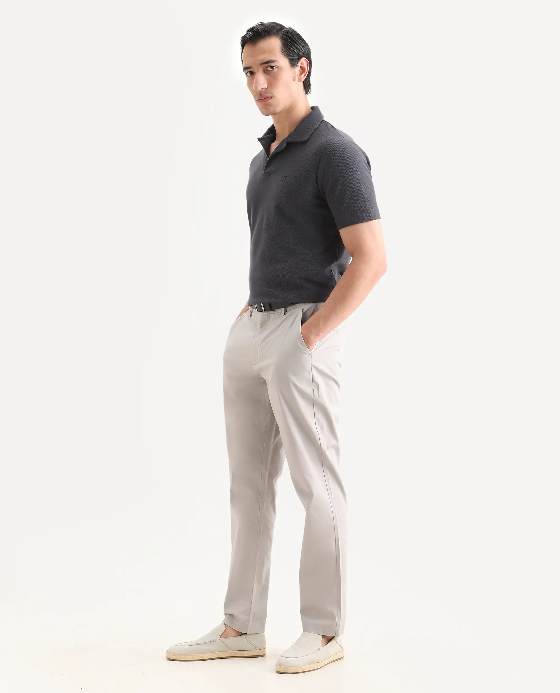 Rare Rabbit Men Bene Light Grey Cotton Blend Fabric Button Closure Straight Fit Plain Trouser - Image 5