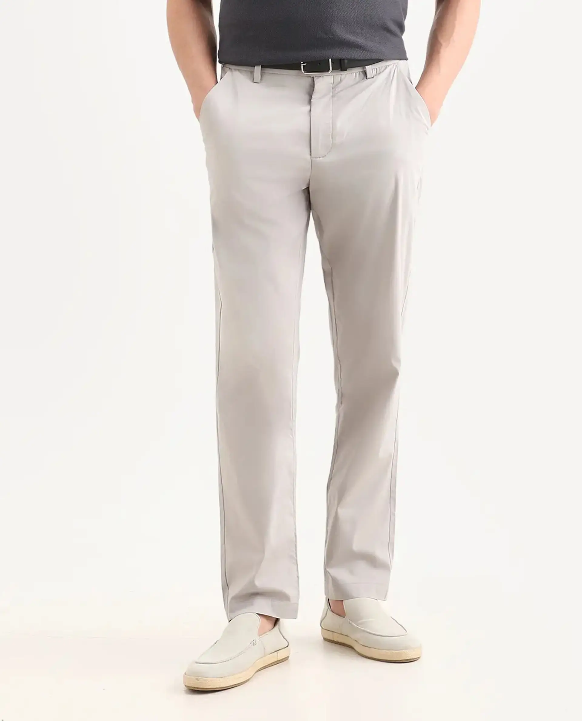 Rare Rabbit Men Bene Light Grey Cotton Blend Fabric Button Closure Straight Fit Plain Trouser - Image 9