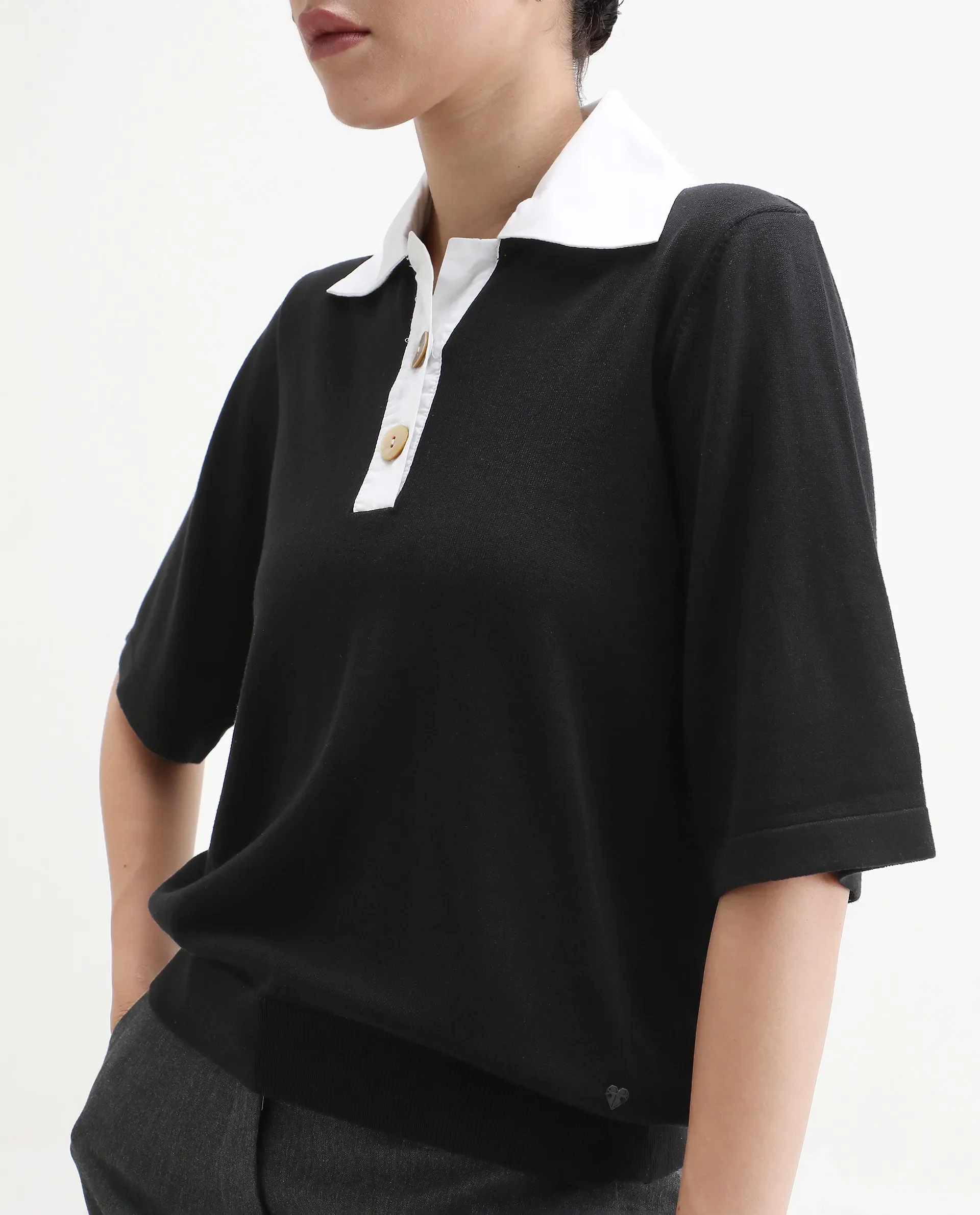 Rareism Women's Bene Black Drop Collar Plain Relaxed Fit Top - Image 3