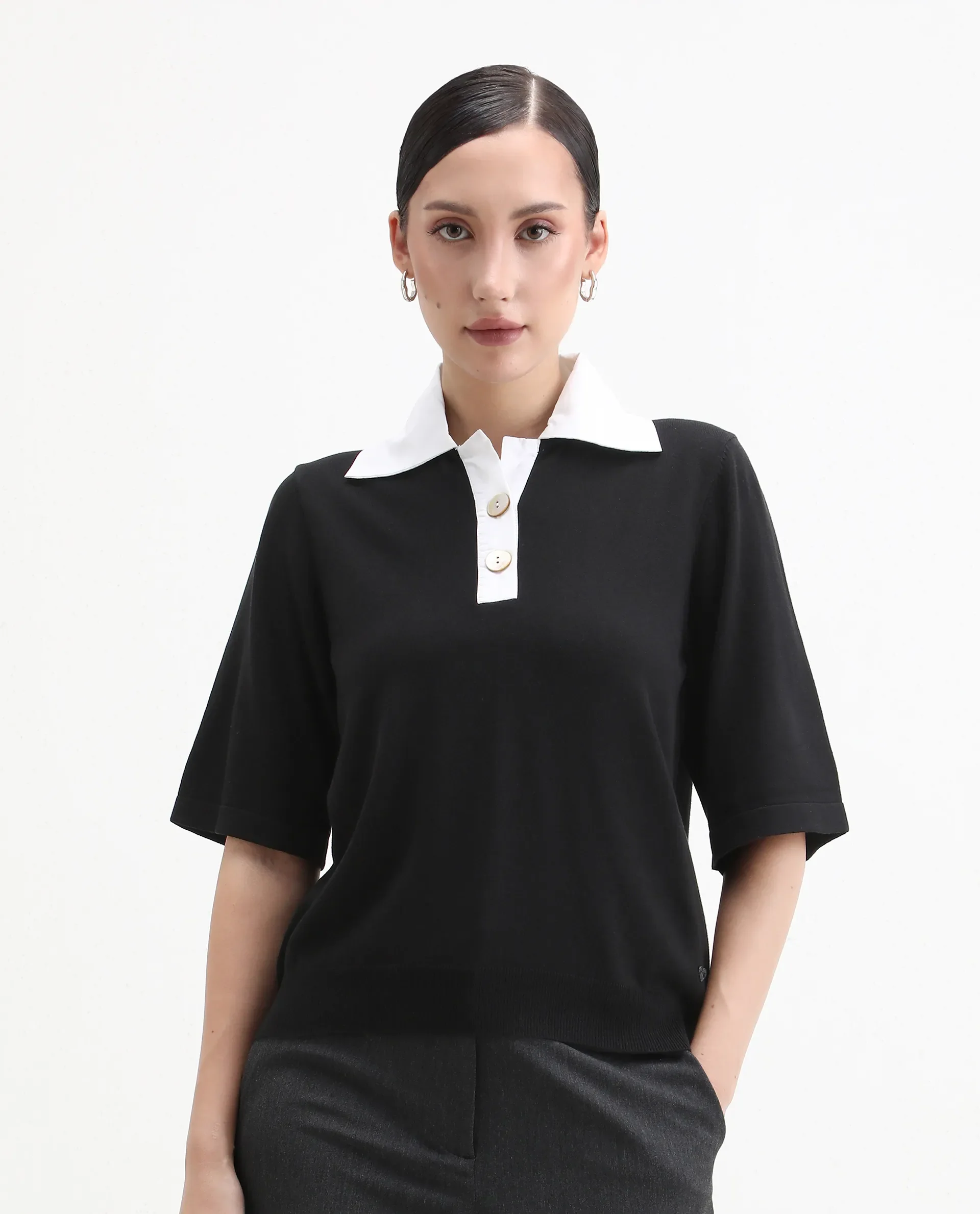 Rareism Women's Bene Black Drop Collar Plain Relaxed Fit Top - Image 4