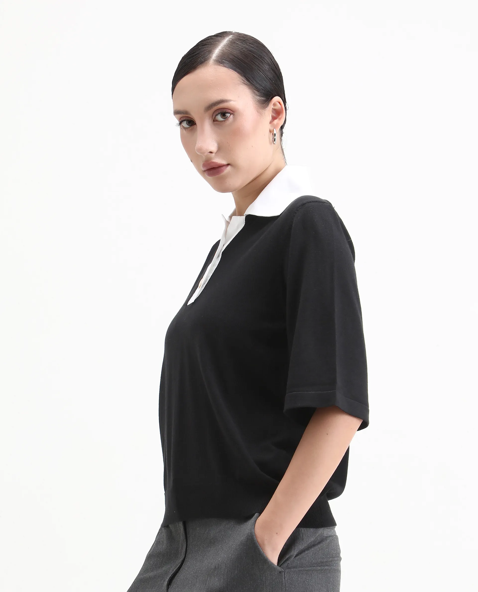 Rareism Women's Bene Black Drop Collar Plain Relaxed Fit Top - Image 5