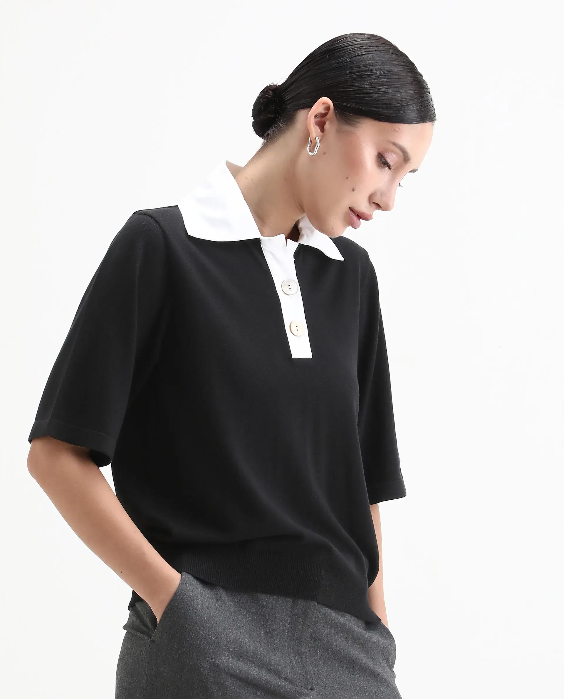 Rareism Women's Bene Black Drop Collar Plain Relaxed Fit Top - Image 6