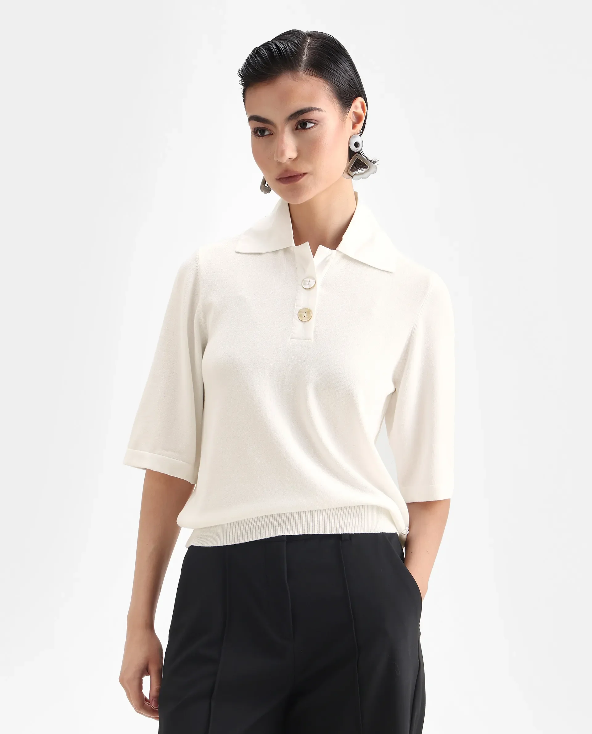 Rareism Women's Bene White Drop Collar Plain Relaxed Fit Top - Image 3