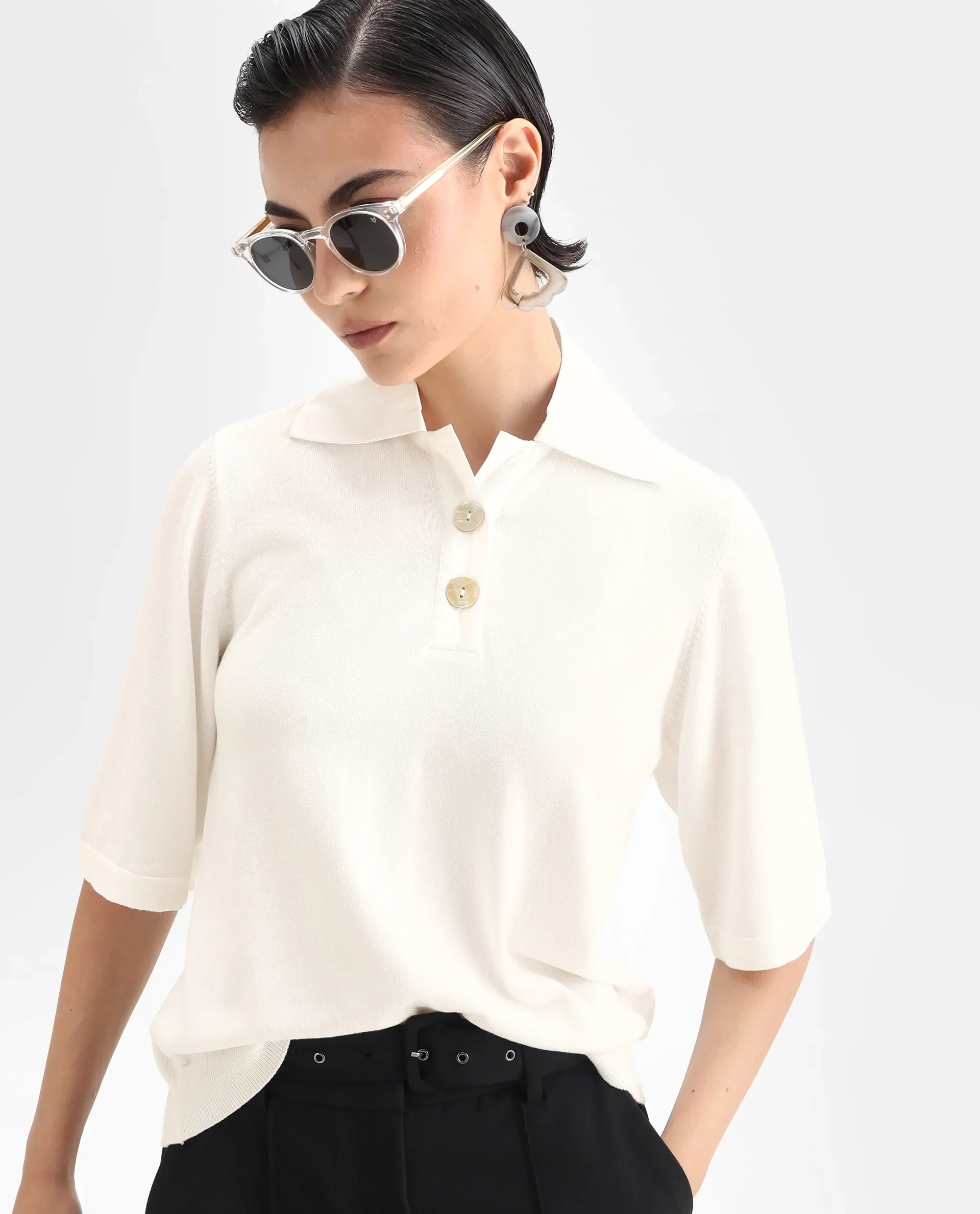 Rareism Women's Bene White Drop Collar Plain Relaxed Fit Top - Image 4