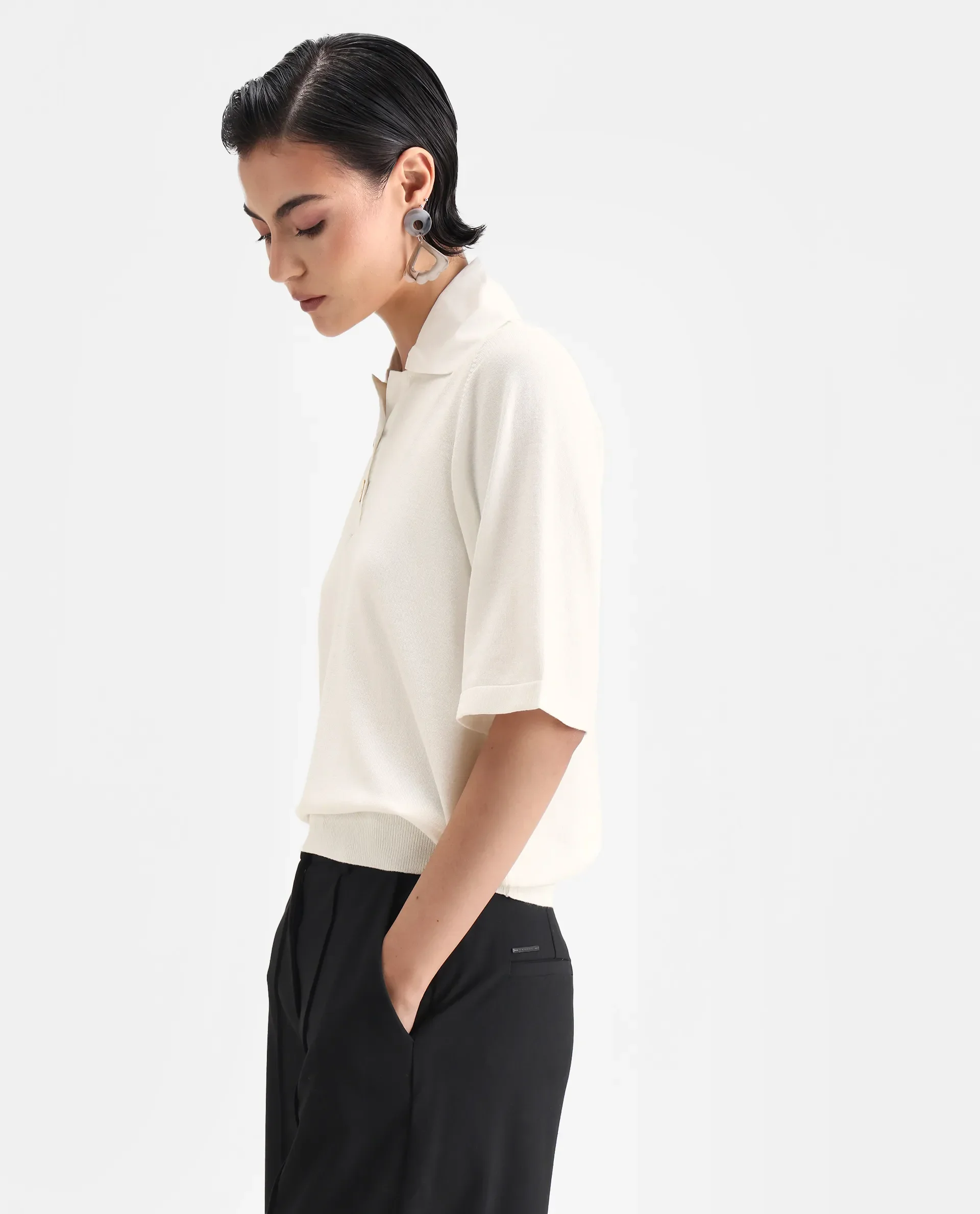 Rareism Women's Bene White Drop Collar Plain Relaxed Fit Top - Image 5