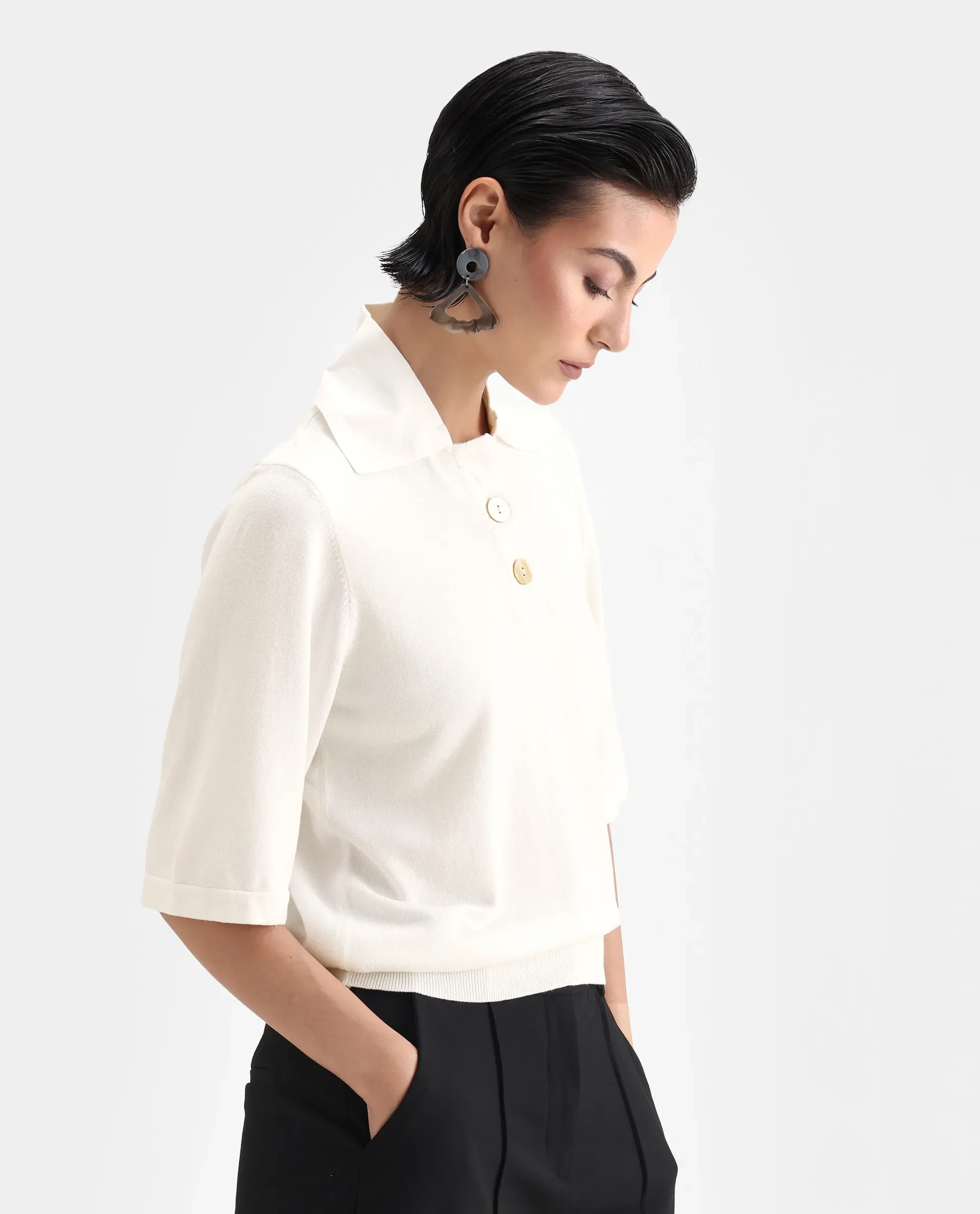 Rareism Women's Bene White Drop Collar Plain Relaxed Fit Top - Image 6