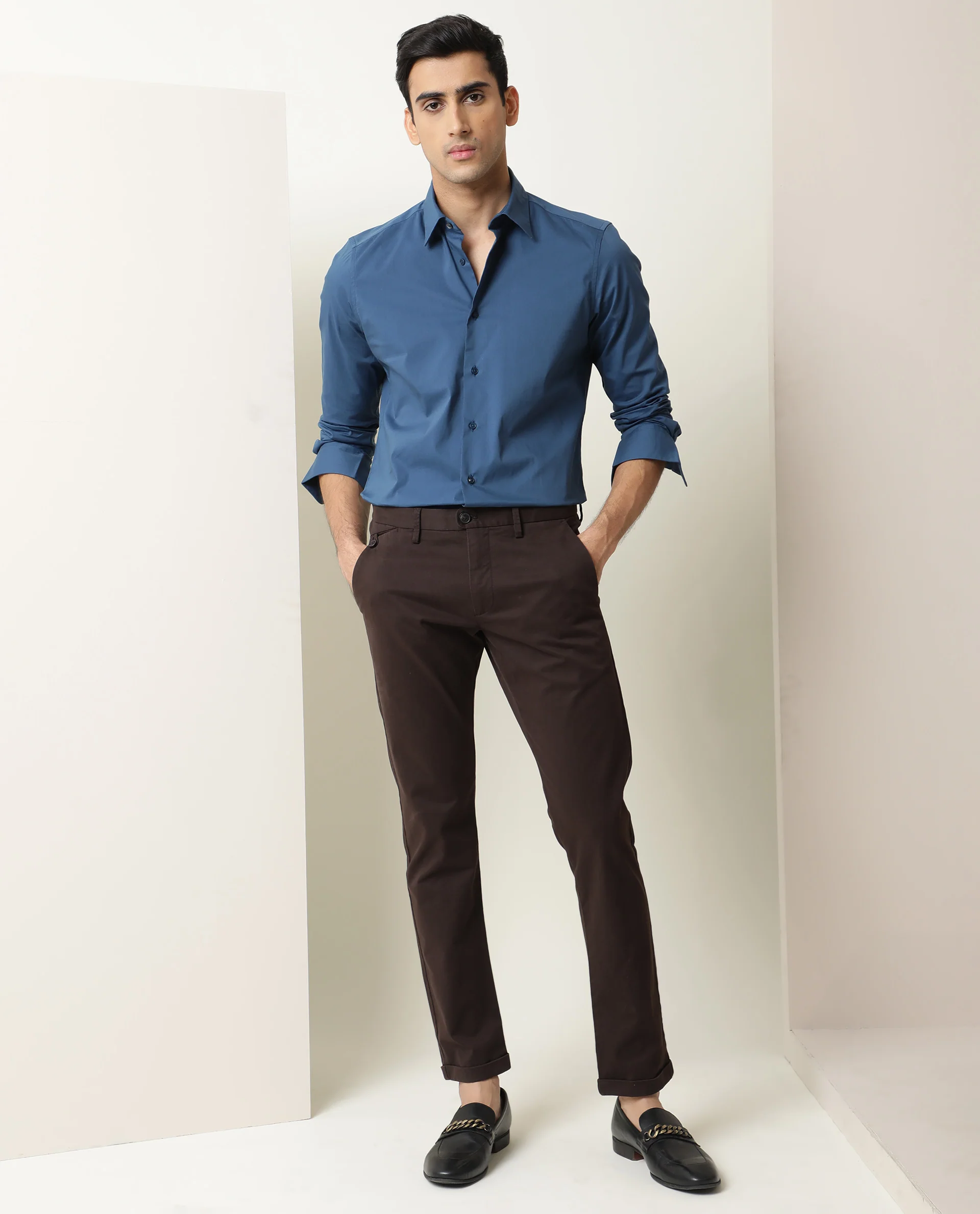 Rare Rabbit Men's Benedict Blue Cotton Plain Regular Fit Full Sleeve Collared Shirt - Image 2