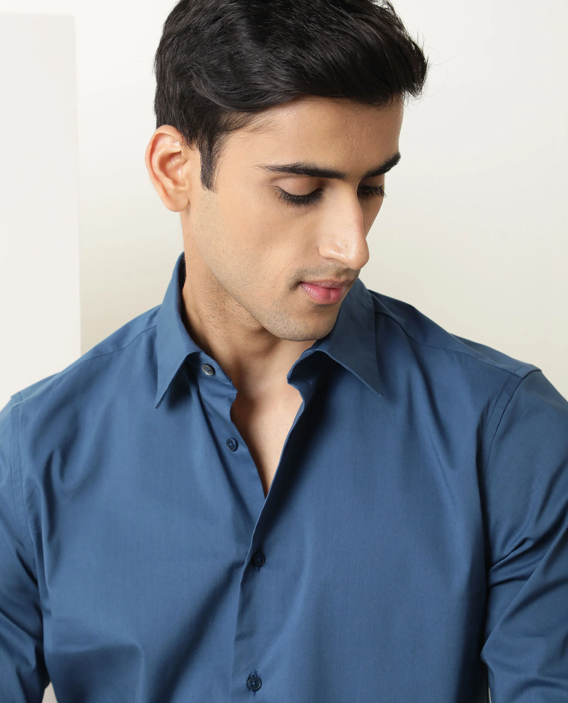 Rare Rabbit Men's Benedict Blue Cotton Plain Regular Fit Full Sleeve Collared Shirt - Image 3