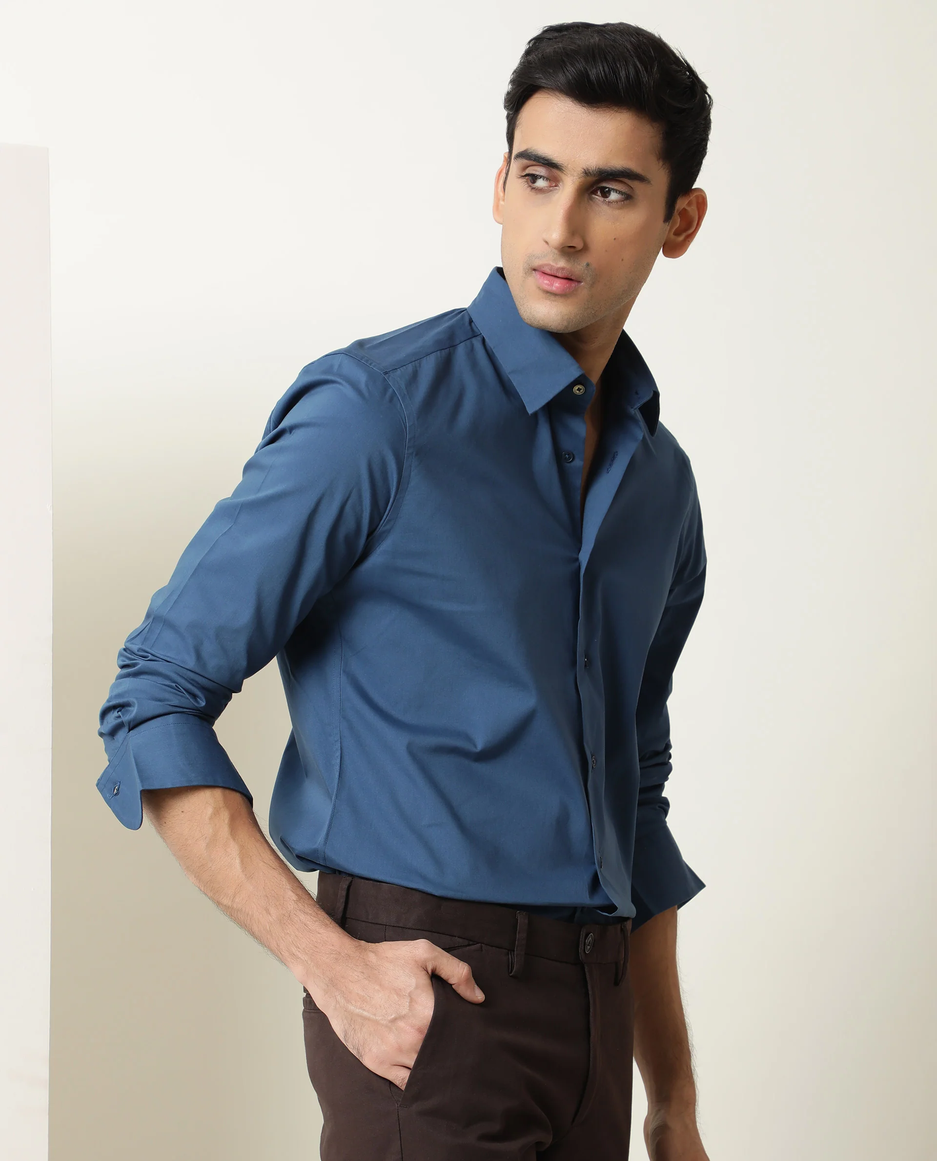 Rare Rabbit Men's Benedict Blue Cotton Plain Regular Fit Full Sleeve Collared Shirt - Image 5