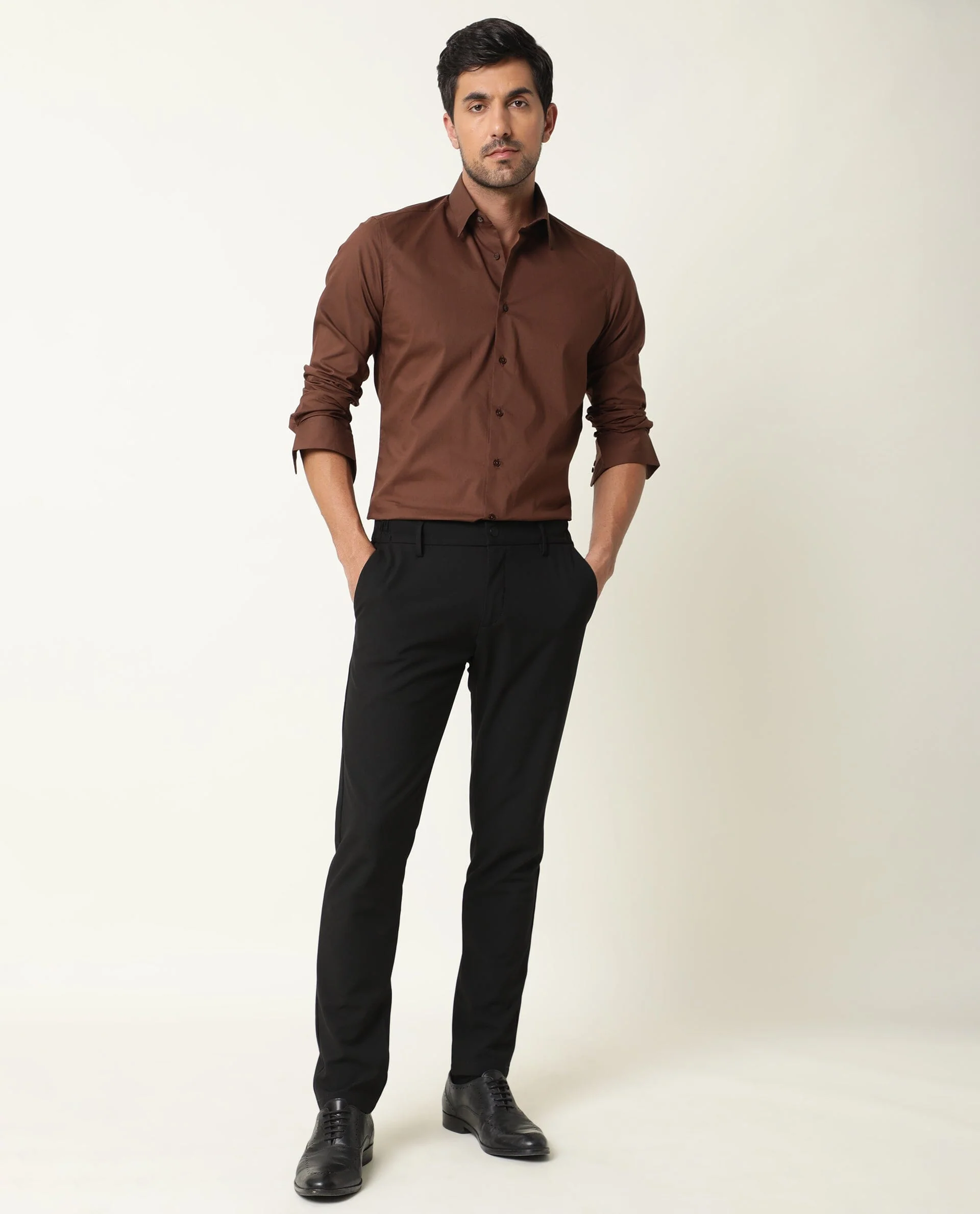 Rare Rabbit Men's Benedict Brown Cotton Plain Regular Fit Full Sleeve Collared Shirt - Image 3