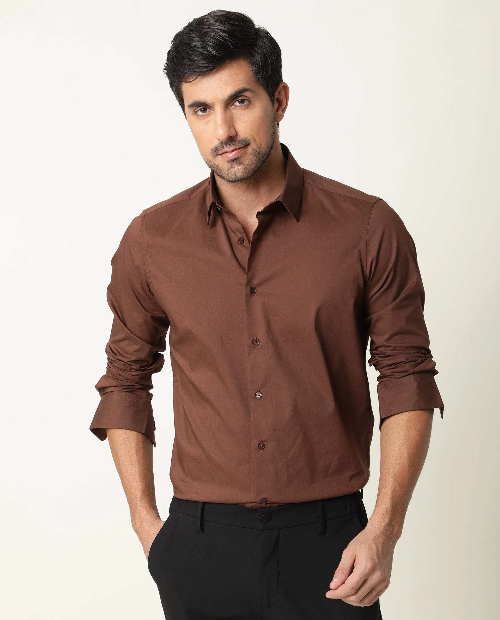 Rare Rabbit Men's Benedict Brown Cotton Plain Regular Fit Full Sleeve Collared Shirt - Image 4