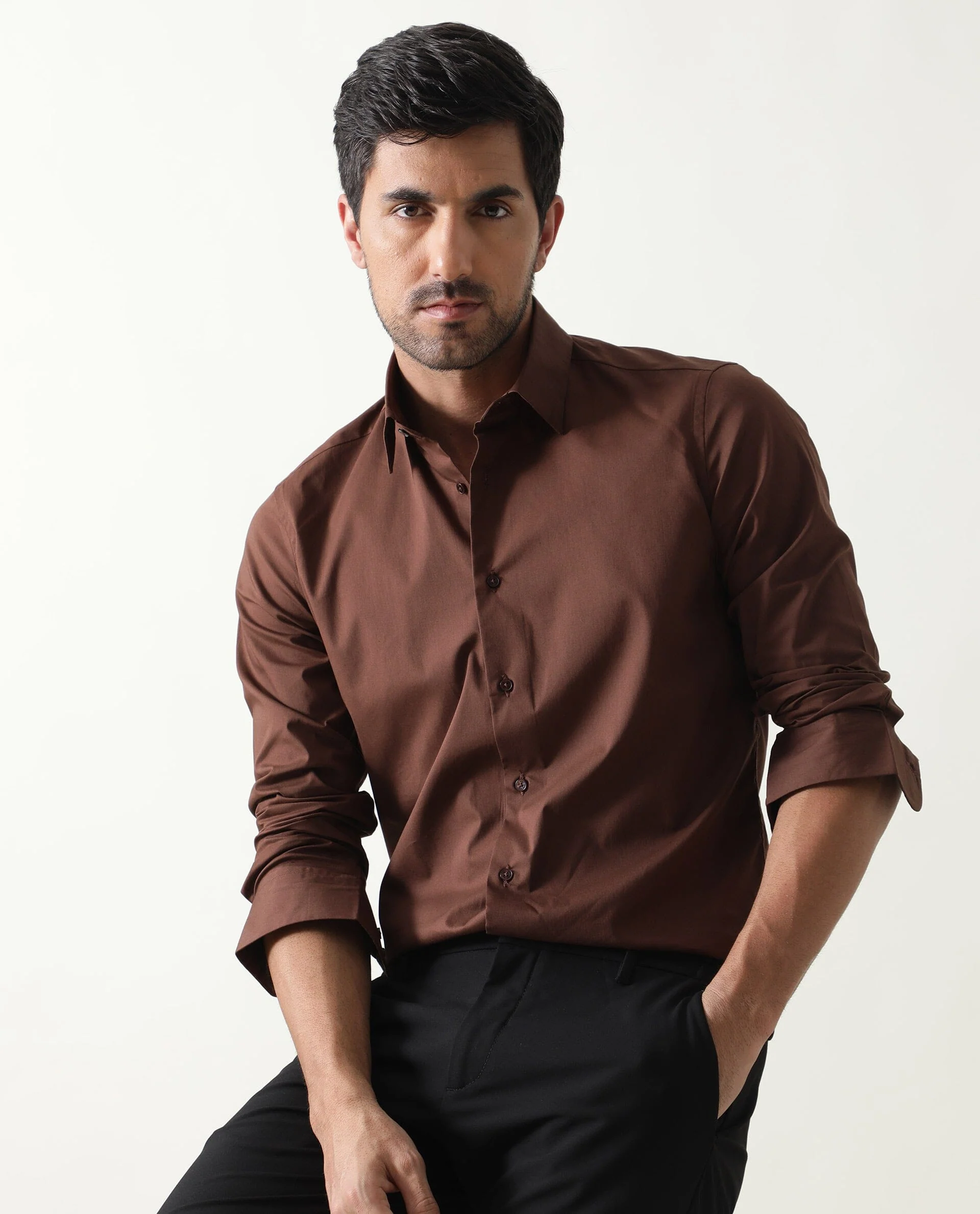 Rare Rabbit Men's Benedict Brown Cotton Plain Regular Fit Full Sleeve Collared Shirt - Image 5
