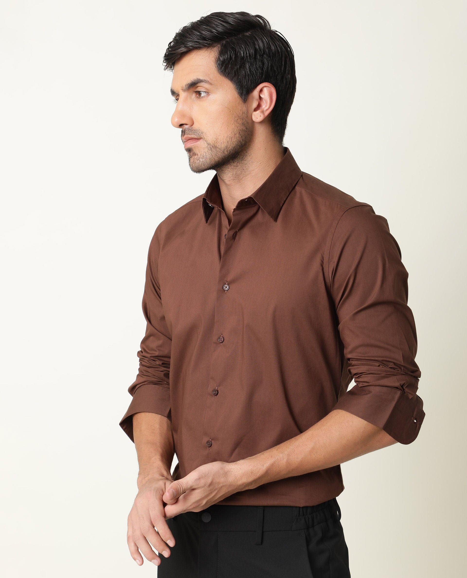 Rare Rabbit Men's Benedict Brown Cotton Plain Regular Fit Full Sleeve Collared Shirt - Image 6