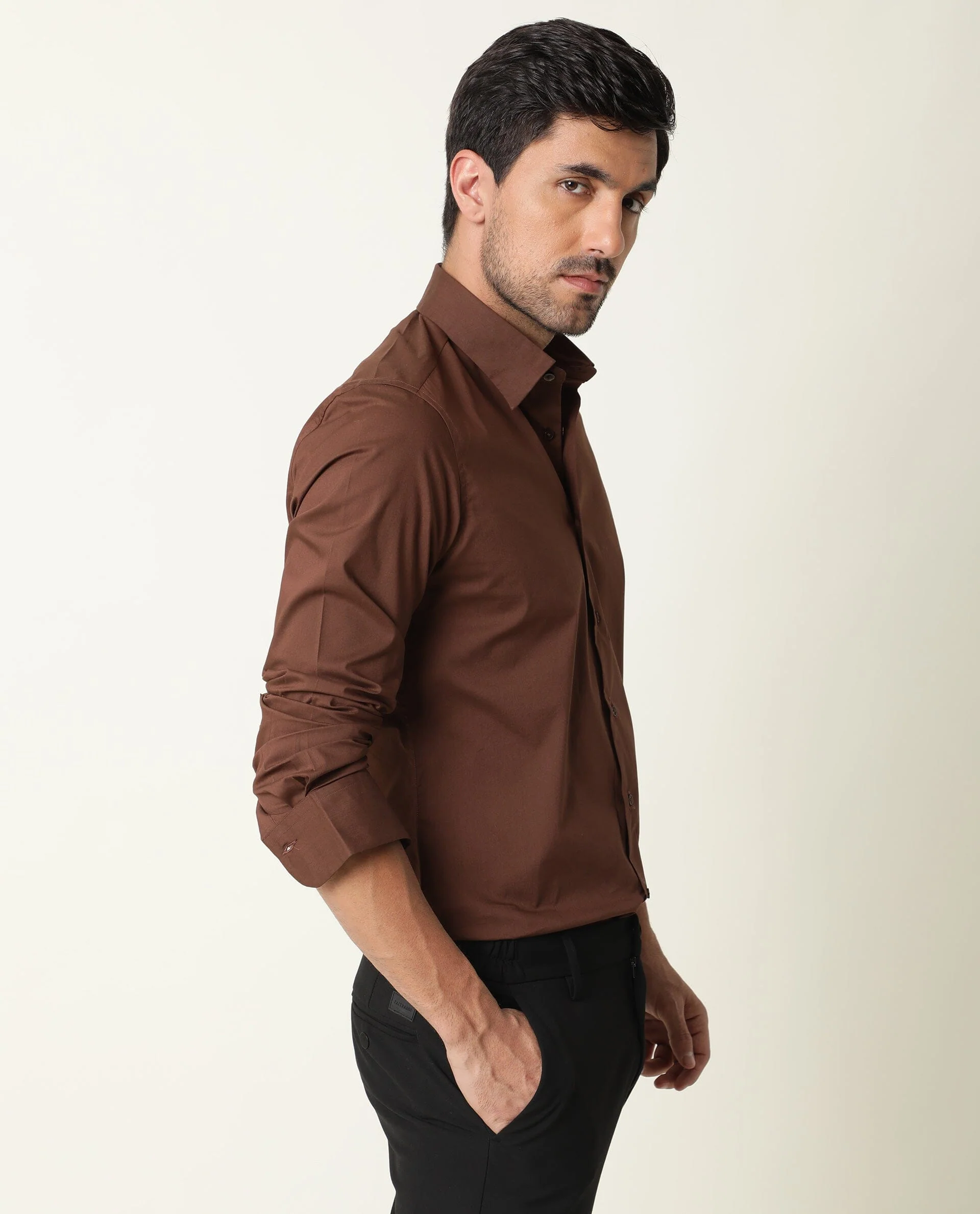 Rare Rabbit Men's Benedict Brown Cotton Plain Regular Fit Full Sleeve Collared Shirt - Image 7