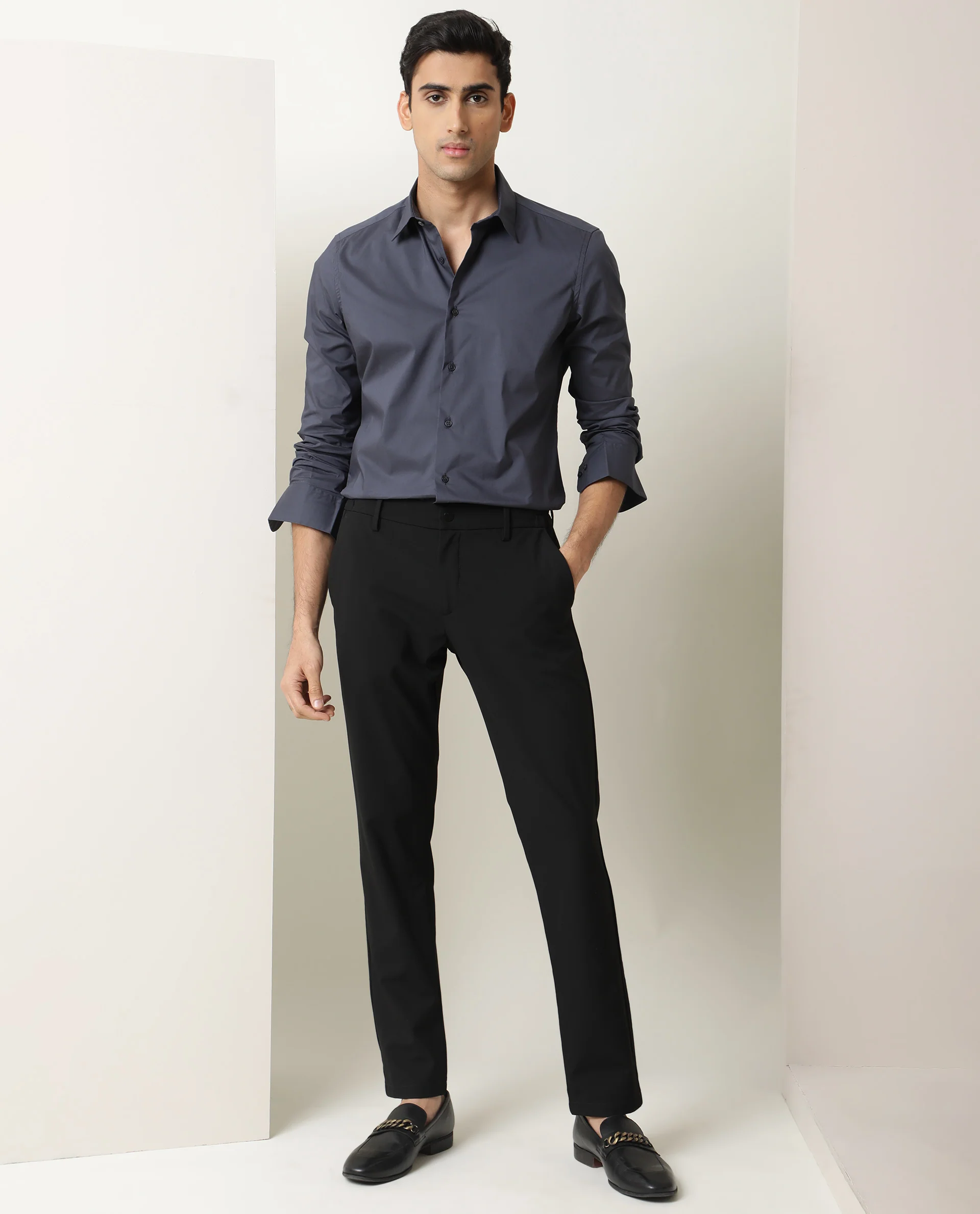 Rare Rabbit Men's Benedict Dark Grey Cotton Plain Regular Fit Full Sleeve Collared Shirt - Image 2