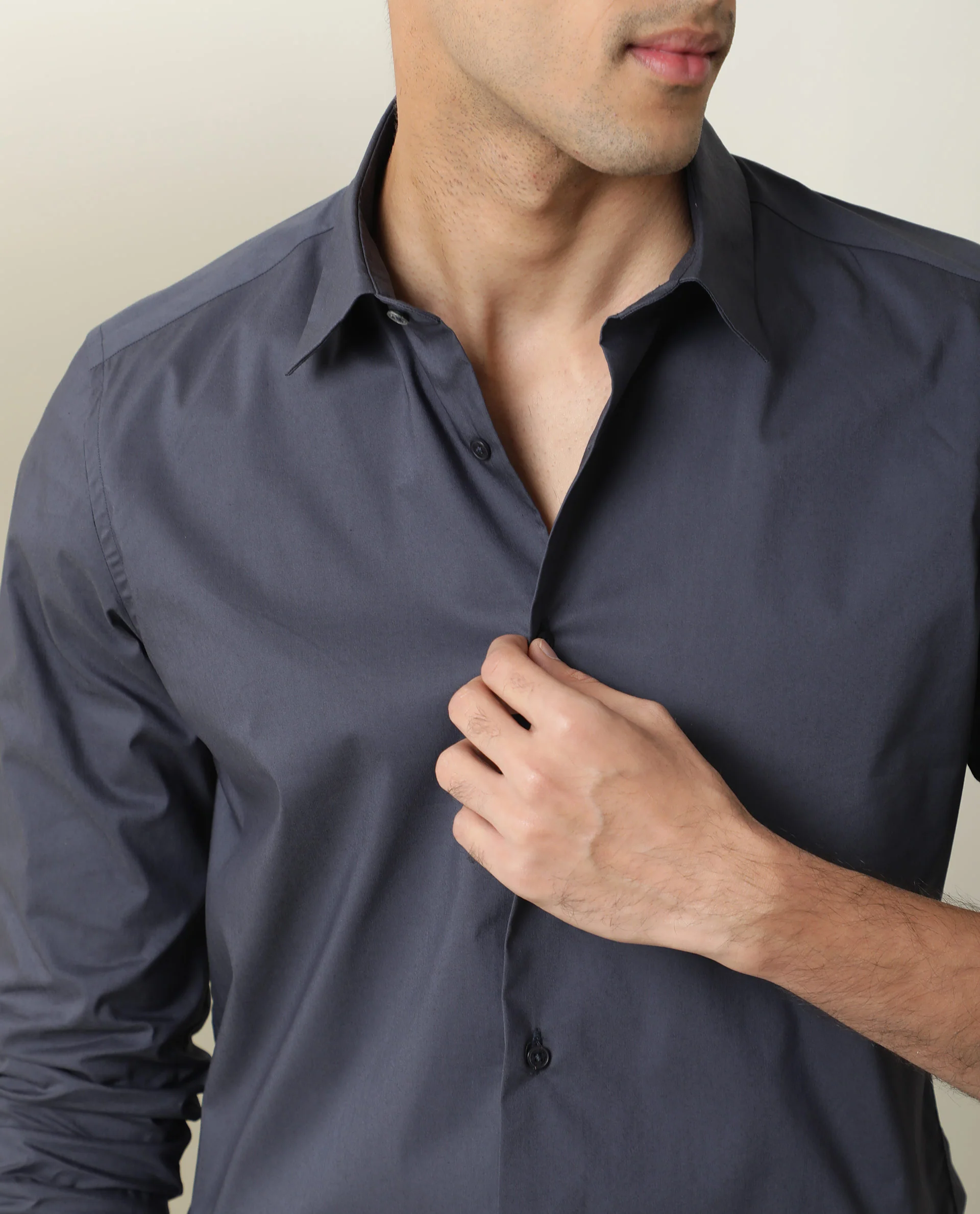 Rare Rabbit Men's Benedict Dark Grey Cotton Plain Regular Fit Full Sleeve Collared Shirt - Image 3