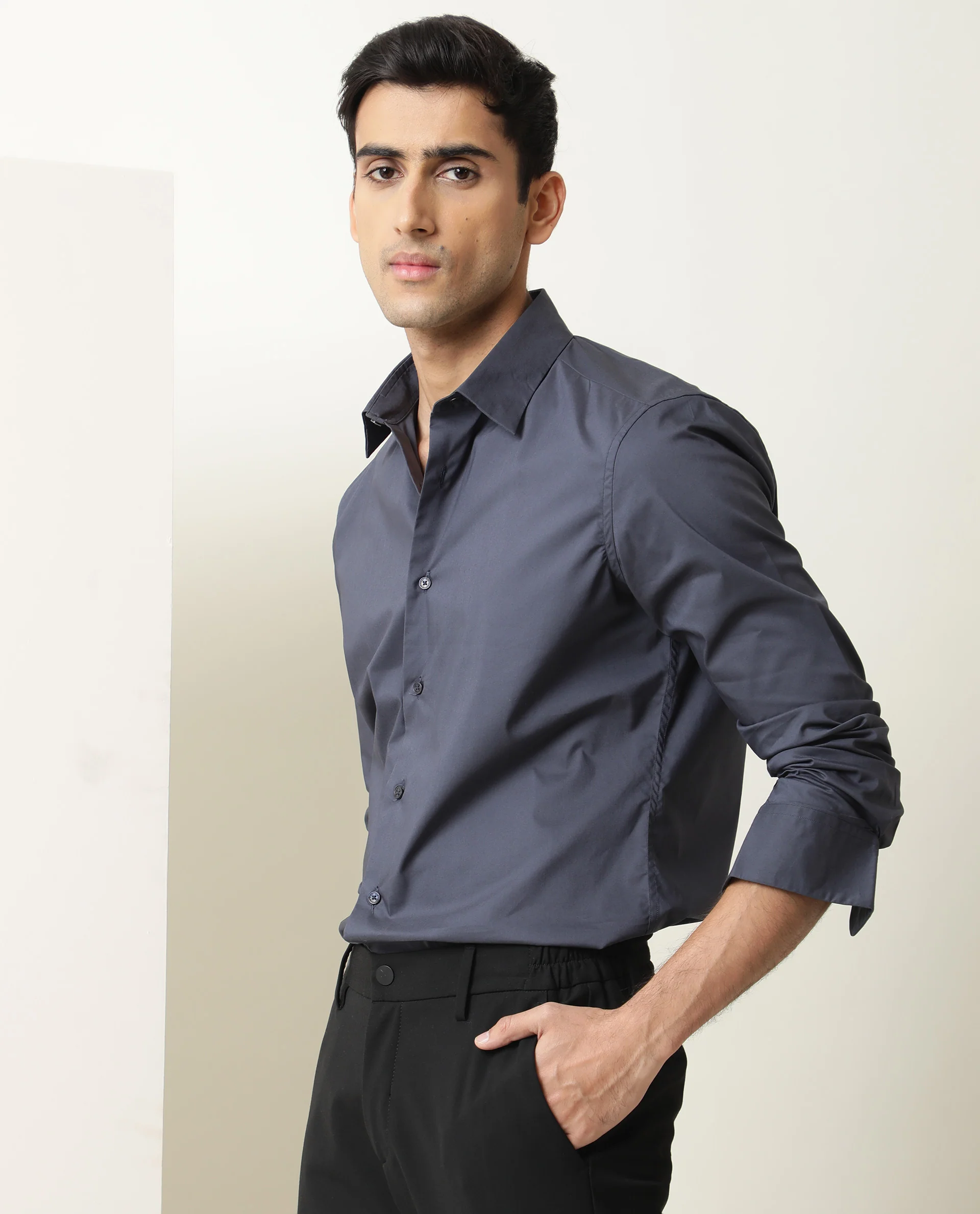 Rare Rabbit Men's Benedict Dark Grey Cotton Plain Regular Fit Full Sleeve Collared Shirt - Image 4