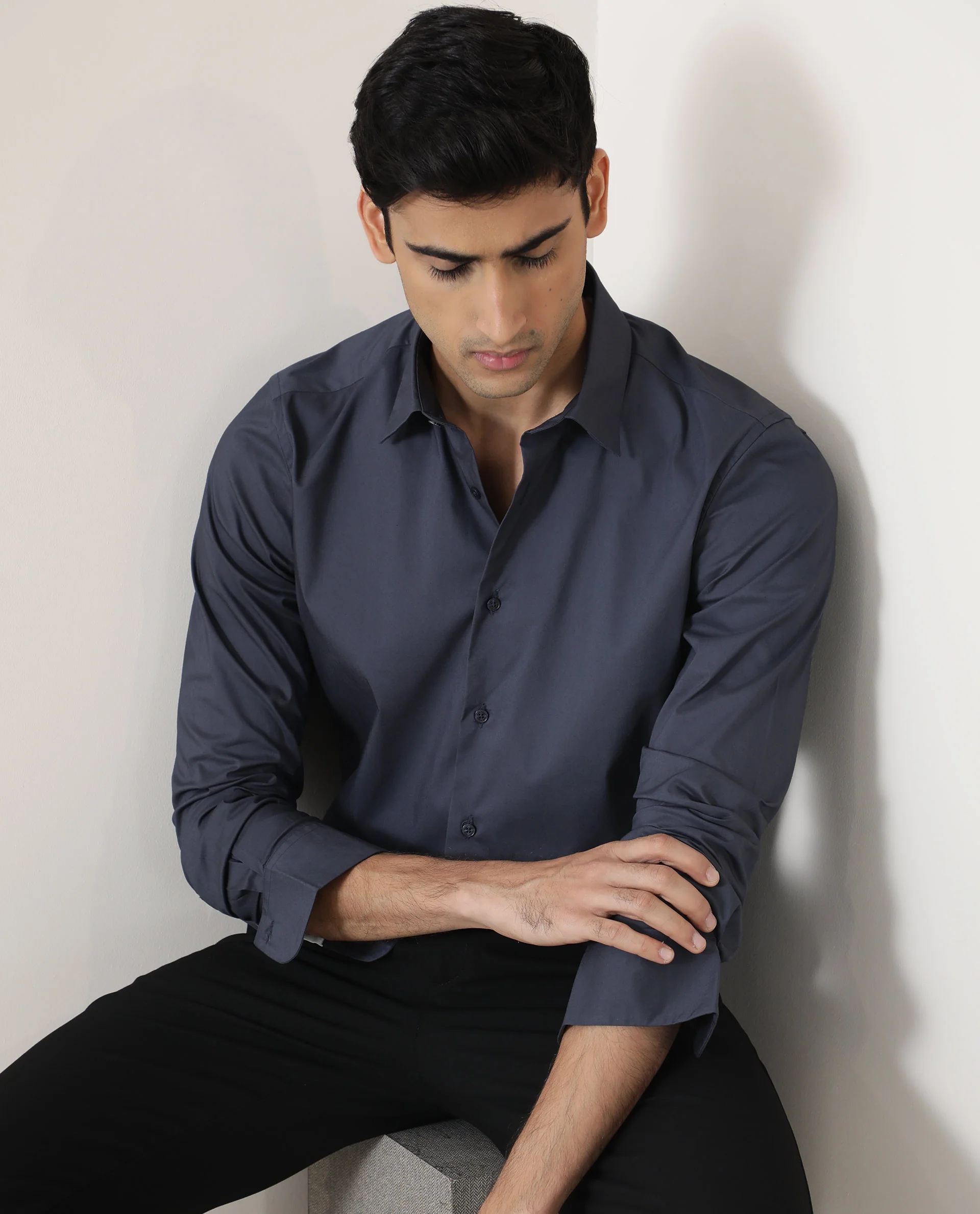Rare Rabbit Men's Benedict Dark Grey Cotton Plain Regular Fit Full Sleeve Collared Shirt - Image 6