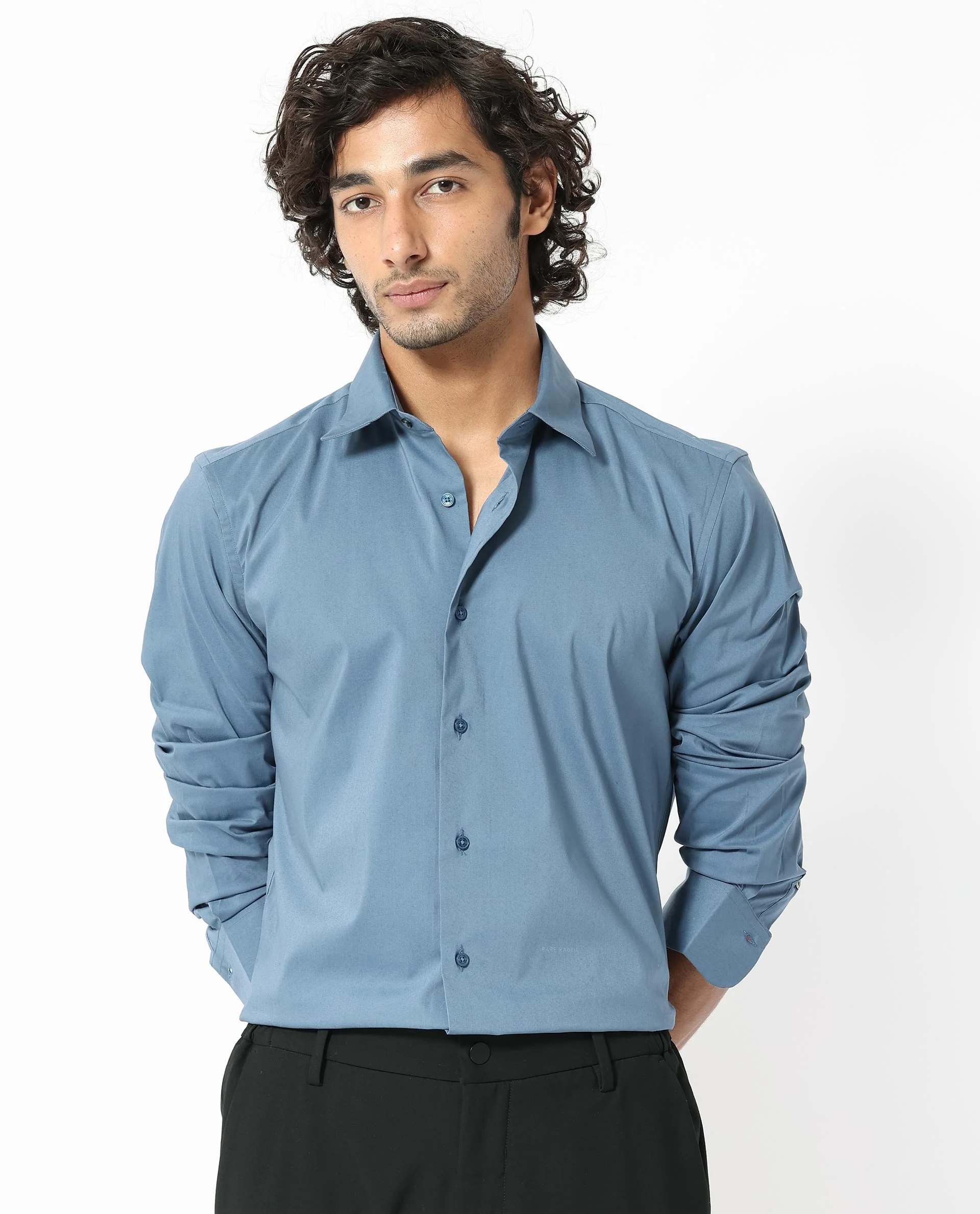 Rare Rabbit Men's Benedict Light Blue Cotton Plain Regular Fit Full Sleeve Collared Shirt - Image 4